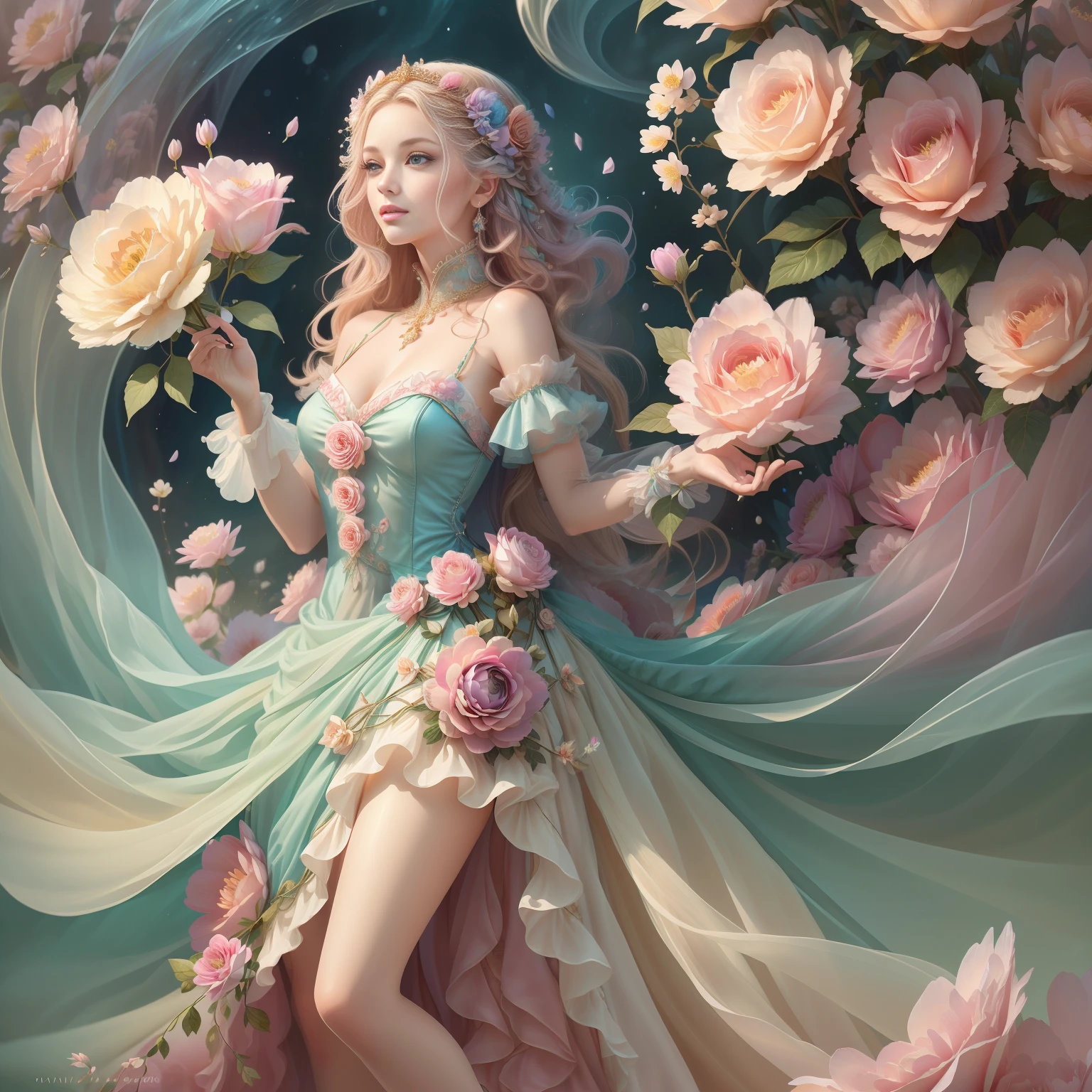 a spring goddess wearing a majestic,flowers dress, big beautiful dress, intricate puffy ball gown with lots of ruffles and rhinestones (Masterpiece, Top Quality, Best Quality, Official Art, Beautiful and Aesthetic: 1.2), (1 Flower), Upper Body, Extremely Detailed, (Fractal Art: 1.3), Colorful, Most Detailed
