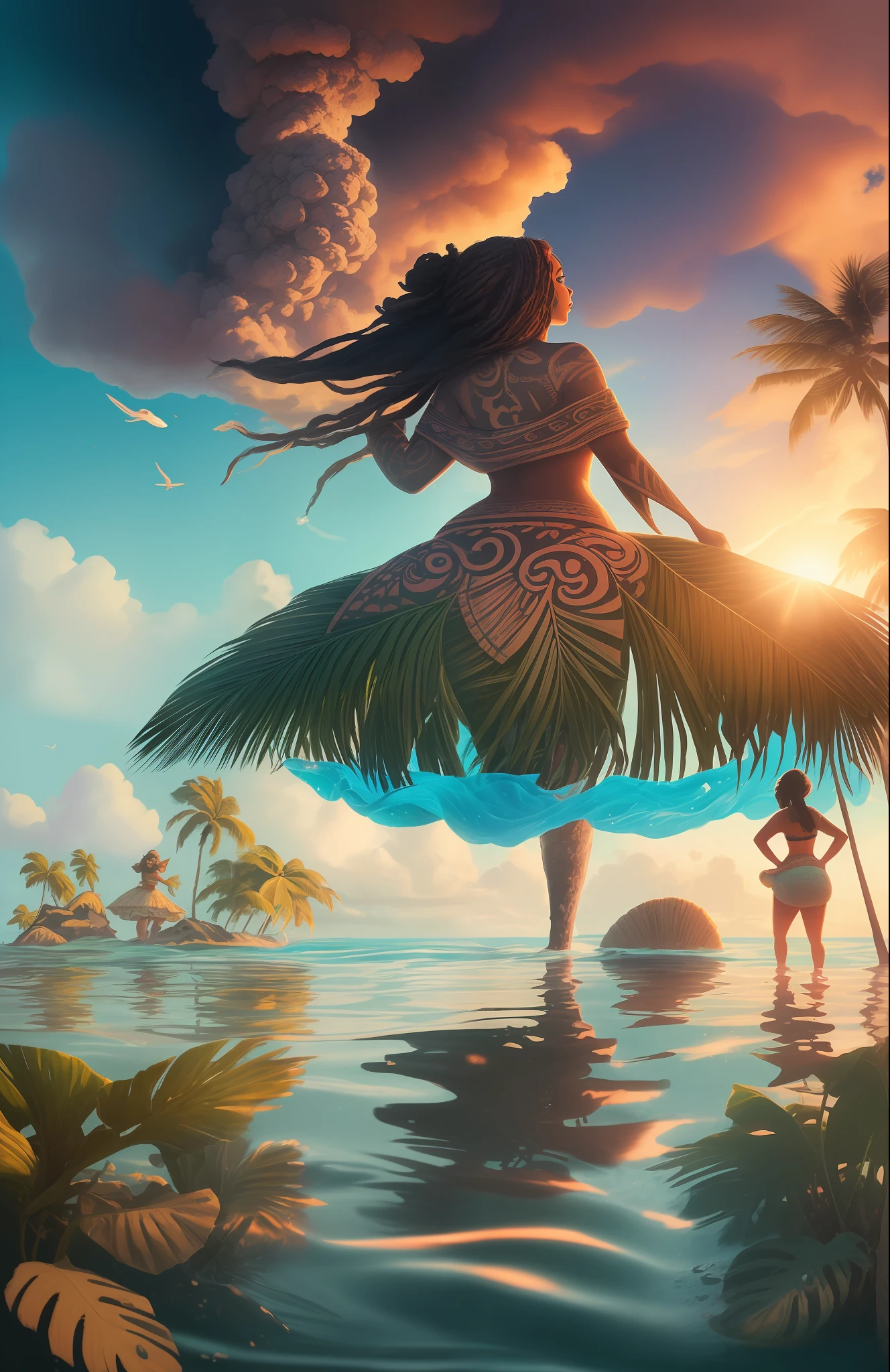 epic movie poster, volcano erupting, award winning (full body:1.3) portrait photo of a (moana:1.2), (seashell bikini:1.2), (water goddess:1.2), tribal tattoos, (wading:1.2) in the pacific (ocean:1.1), arms behind head, (partially submerged shot:1.2), (waves:0.9), desert island background, palm trees, beach,fluffy clouds in the sky, outrun, vaporware, trending on artstation, highly detailed, fine detail, intricate, (lens flare:0.9), (backlighting:0.9), (bloom:0.9), [Style-Micro::10]