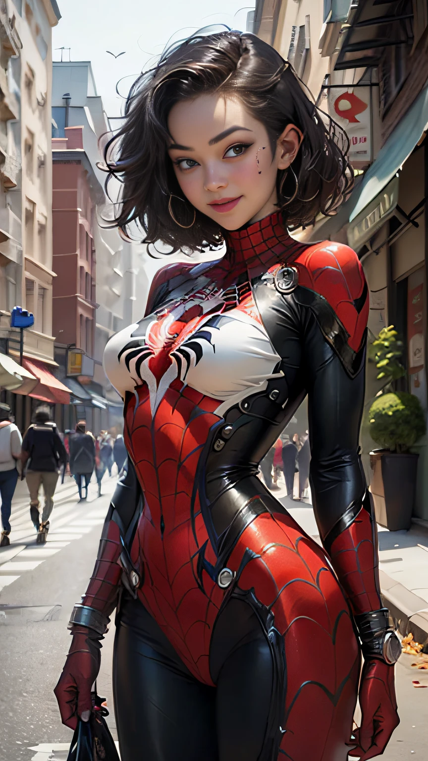 Masterpiece, HD, detailed details, beautiful woman detailed defined body using Spider-Man roleplay, big breasts, smile, delicate facial features, perfect face, fair skin, short hair, city streets