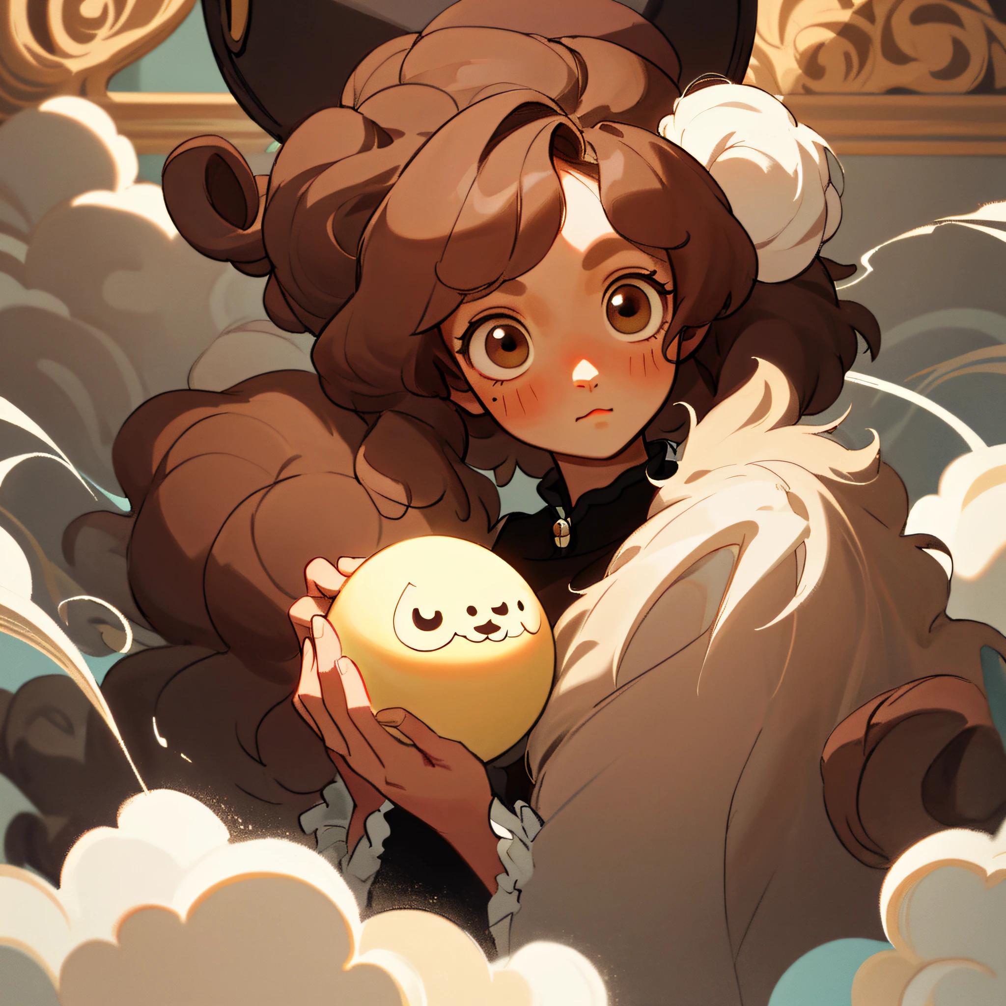 Fluffy cute ball that is coffee, dark brown fluff with light brown highlights, foam, yummy, lovely dark dark brown eyes, masterpiece, best quality, ((In Rococo style))