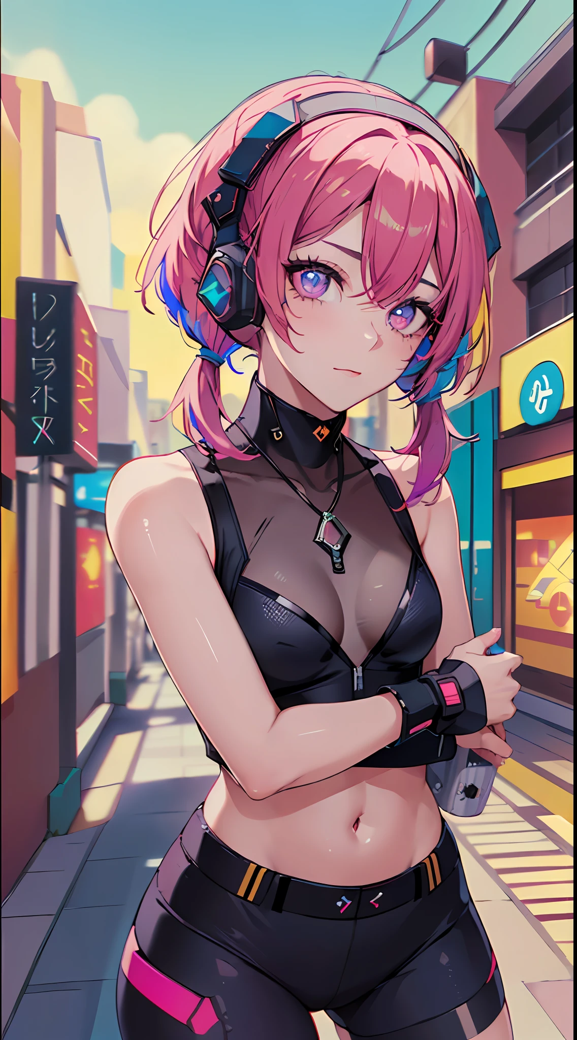 (obra-prima, melhor qualidade, noite, cabelo rosa, cabelo longo, twintails, 8k, absurdres, bonita, cyberpunk, cyber goth, (cyberpunk, acento rosa fluorescente, linhas rosa brilhantes em jaqueta curta: 1.4), neon, pulseiras e gargantilha, (brilhante, brilho, movie grain, chromatic aberration:2), (asian shopping district, rua, buildings, sky scraper: 1.2), maquiagem, (brincos cianos: 1.3), sharp-focus, fundo escuro, perspectiva, profundidade de campo, (very small mechanical device, chuva, HDR, facelight, sharp-focus, dynamic lighting, cinematiclighting, sombra profissional, extremamente detalhado, detalhes finos, pele real: 0,8), (olhos detalhados, pupilas afiadas, pupilas realistas, fundo escuro: 0,6), (efeito de falha: 0,7), pupilas amarelas