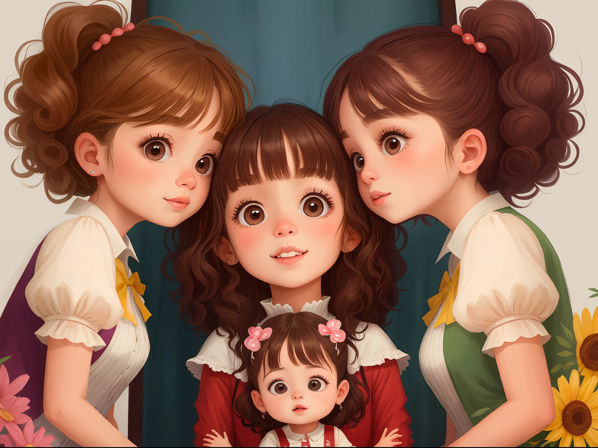 Two twin girls curly brown hair, Livia and Lavinia kissing their mother simultaneously on her right cheeks, com muita ternura e felicidade no rosto.