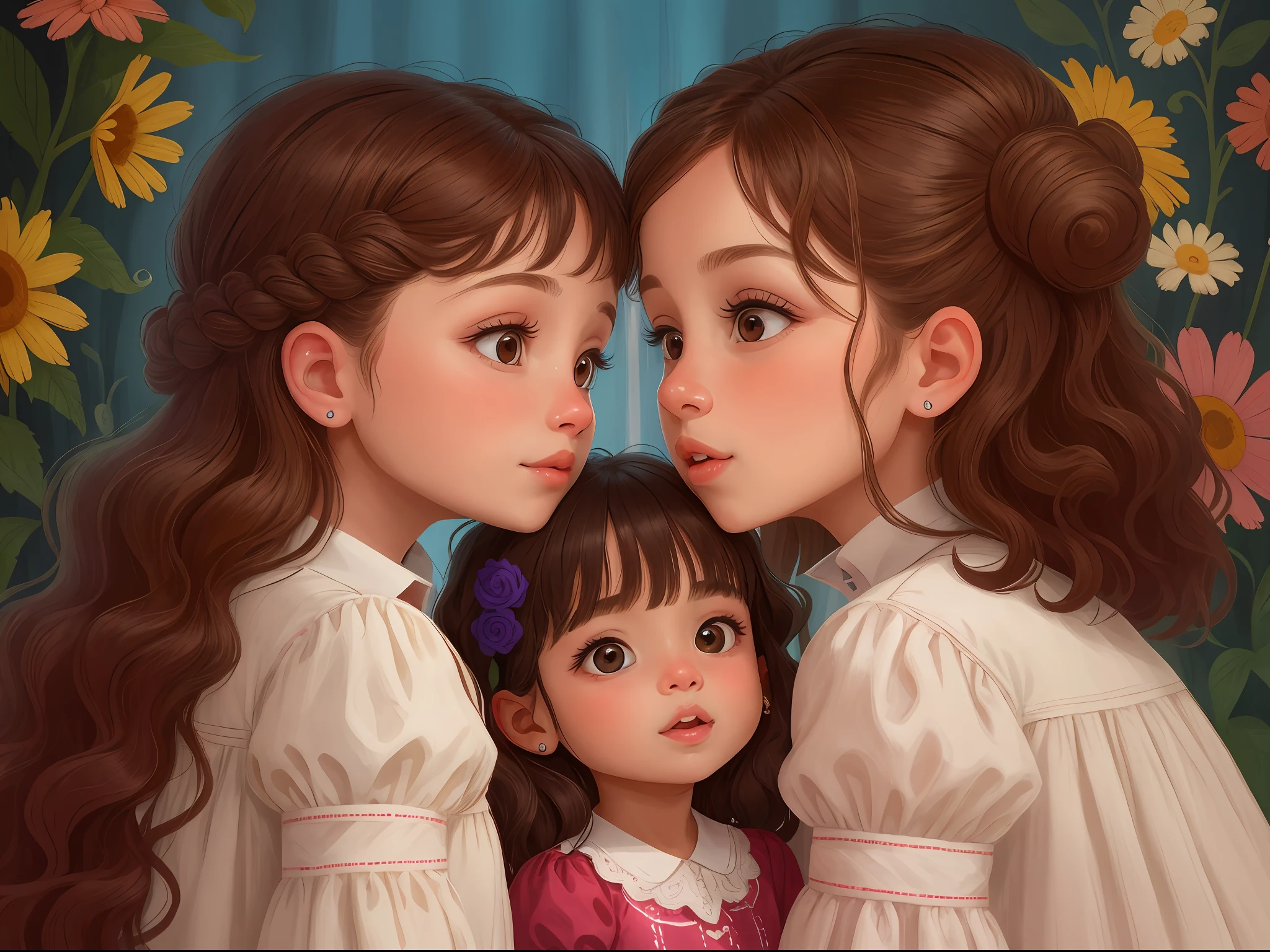 Two twin girls curly brown hair, Livia and Lavinia kissing their mother simultaneously on her right cheeks, com muita ternura e felicidade no rosto.