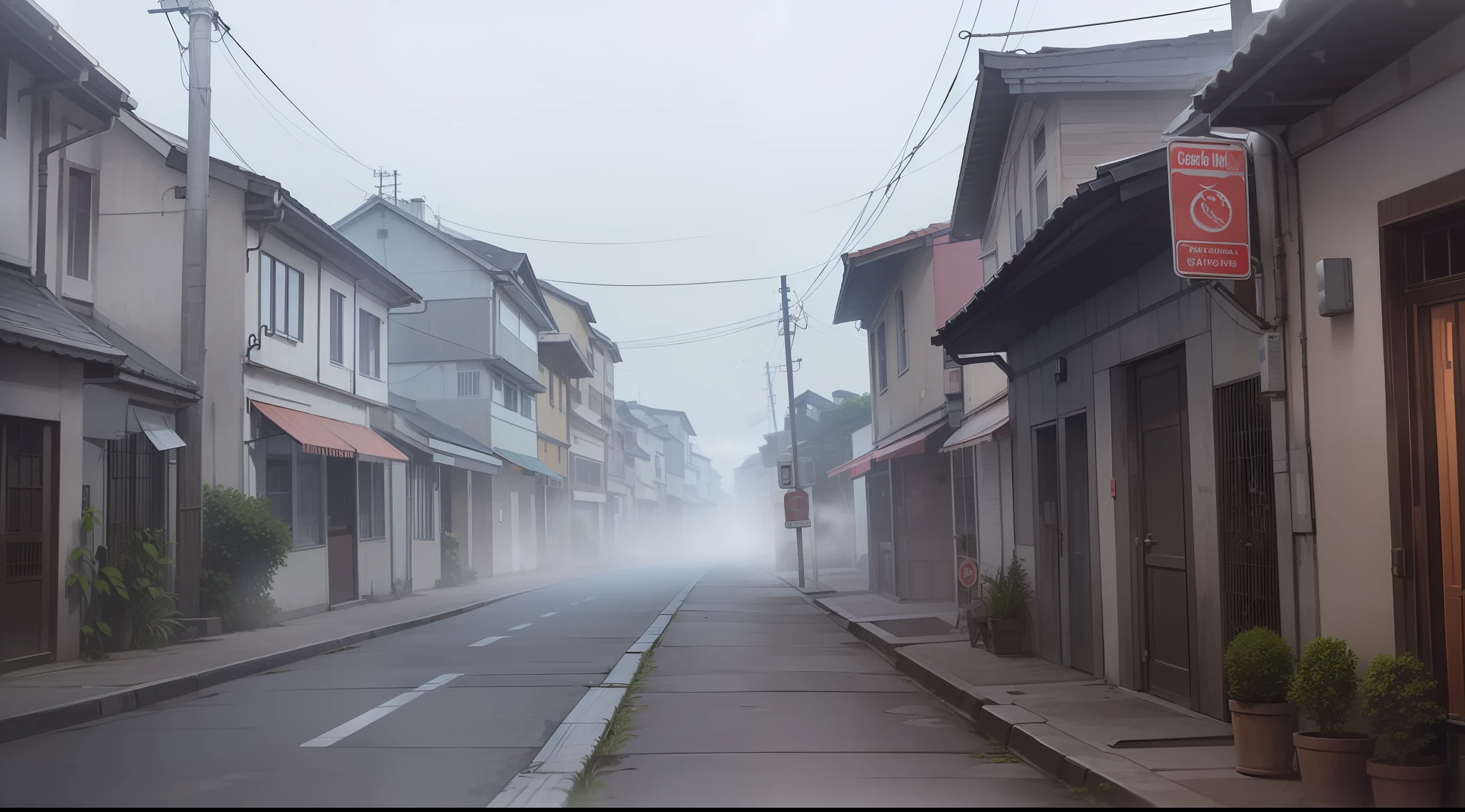 Cosmic horror, (small city in the interior of Brazil surrounded by dense fog, with small monsters in the streets but they cannot be seen in full, only parts of them, there are no people on the streets, poor visibility, many old houses)