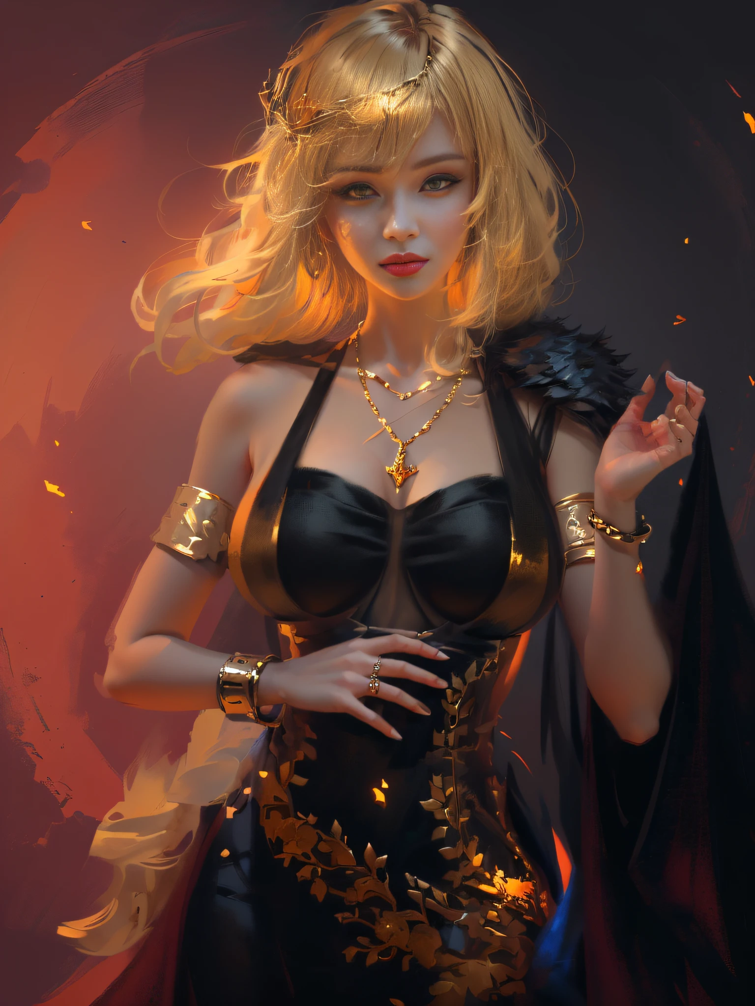 blond haired woman in a black dress with a gold chain around her neck, wlop art, art of wlop, deviantart artstation cgscosiety, inspired by WLOP, intricate wlop, ((a beautiful fantasy empress)), fanart best artstation, epic exquisite character art, wlop |, wlop and artgerm, blonde goddess