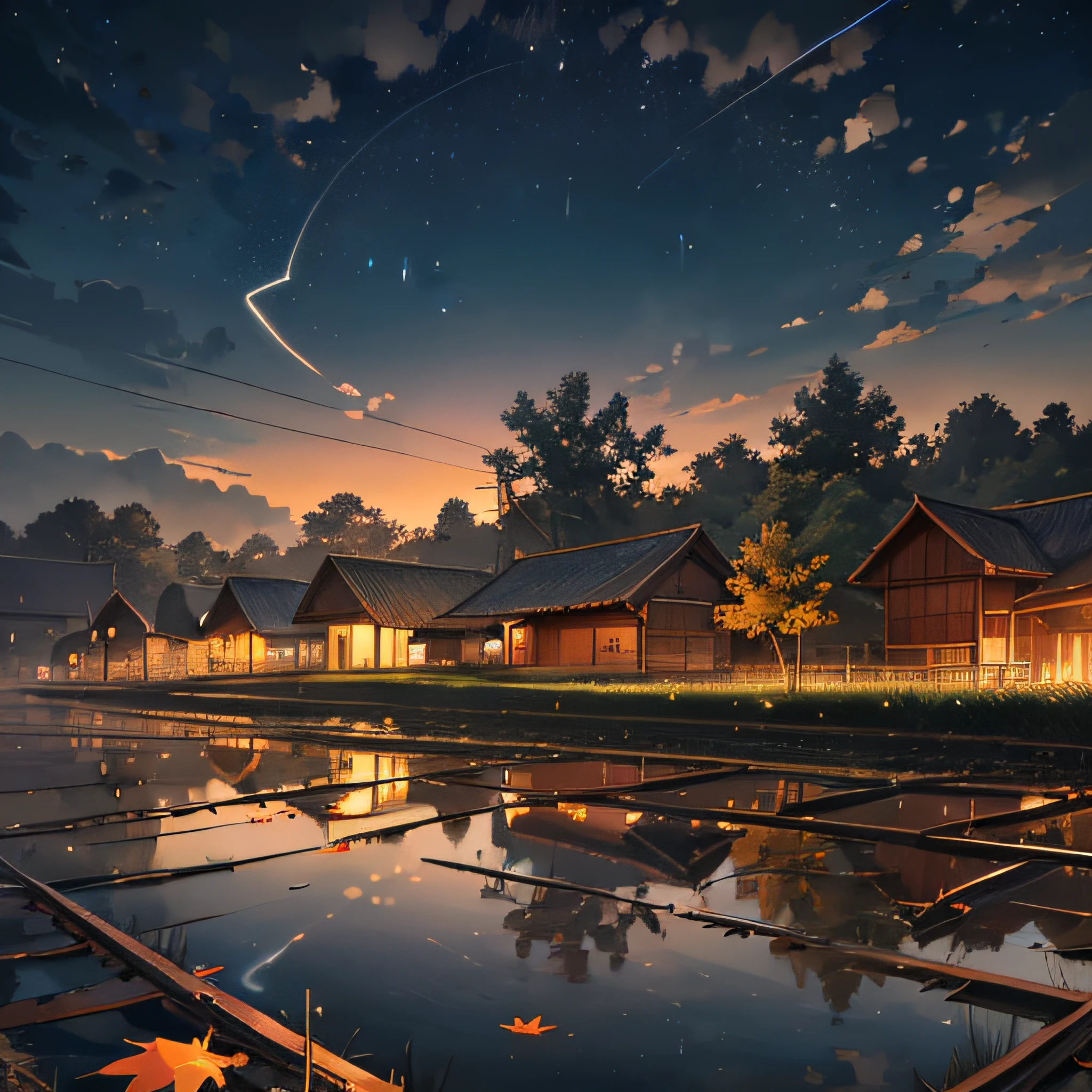 train on sky, falling glowing leaves, ricefield, night illustration, fantasy, by makoto shinkai, devianart, cinematic lightning, natural lightning, cgi, featured on pixiv, massive scale, anime realism, triadic colour scheme --auto --s2