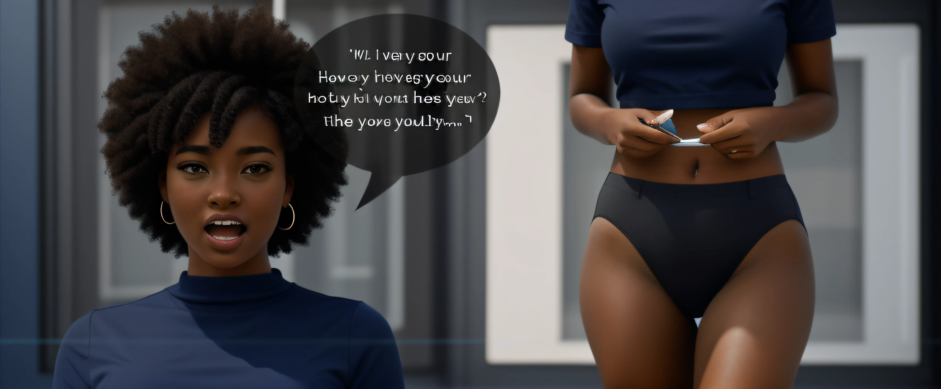 two shot panel, Curvy Black woman with Afro, lifting up blue shirt to show her white high cut panties, speech bubble saying "Hey, look over here, for a second...", mouth open to talk, photo realistic, intricate details