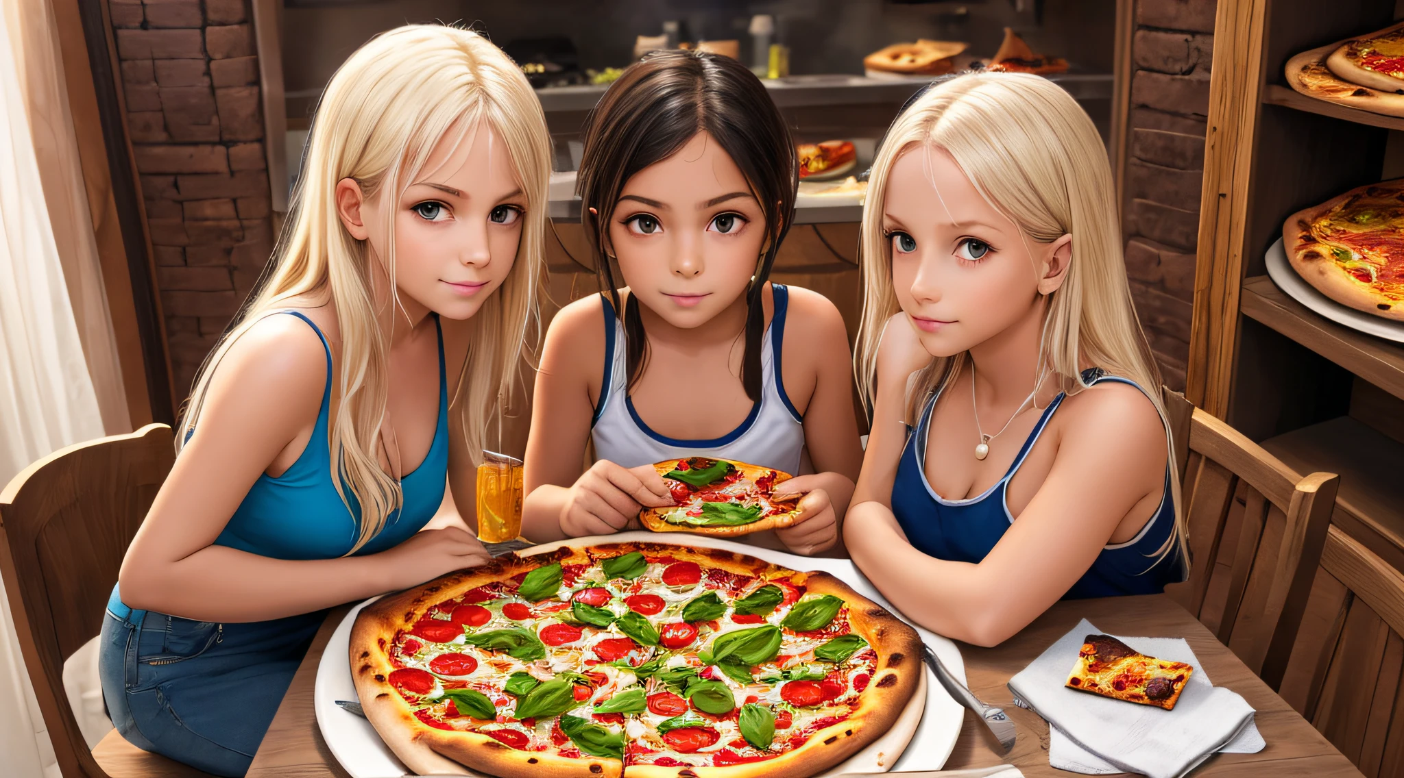 Um meio corpo, Portrait of 3 girls German children long platinum blonde hair , PORTRAIT,, Pizza with tomatoes and basil on a plate on a table, pizza a cabana, pizza italiana, pizza torta, pizza!, pizza em uma mesa, comercial de alimentos 4 k, pizza, pizza em primeiro plano, comer uma pizza margherita, cozinhar pizza, comer uma pizza, a pizza tem uma grande.