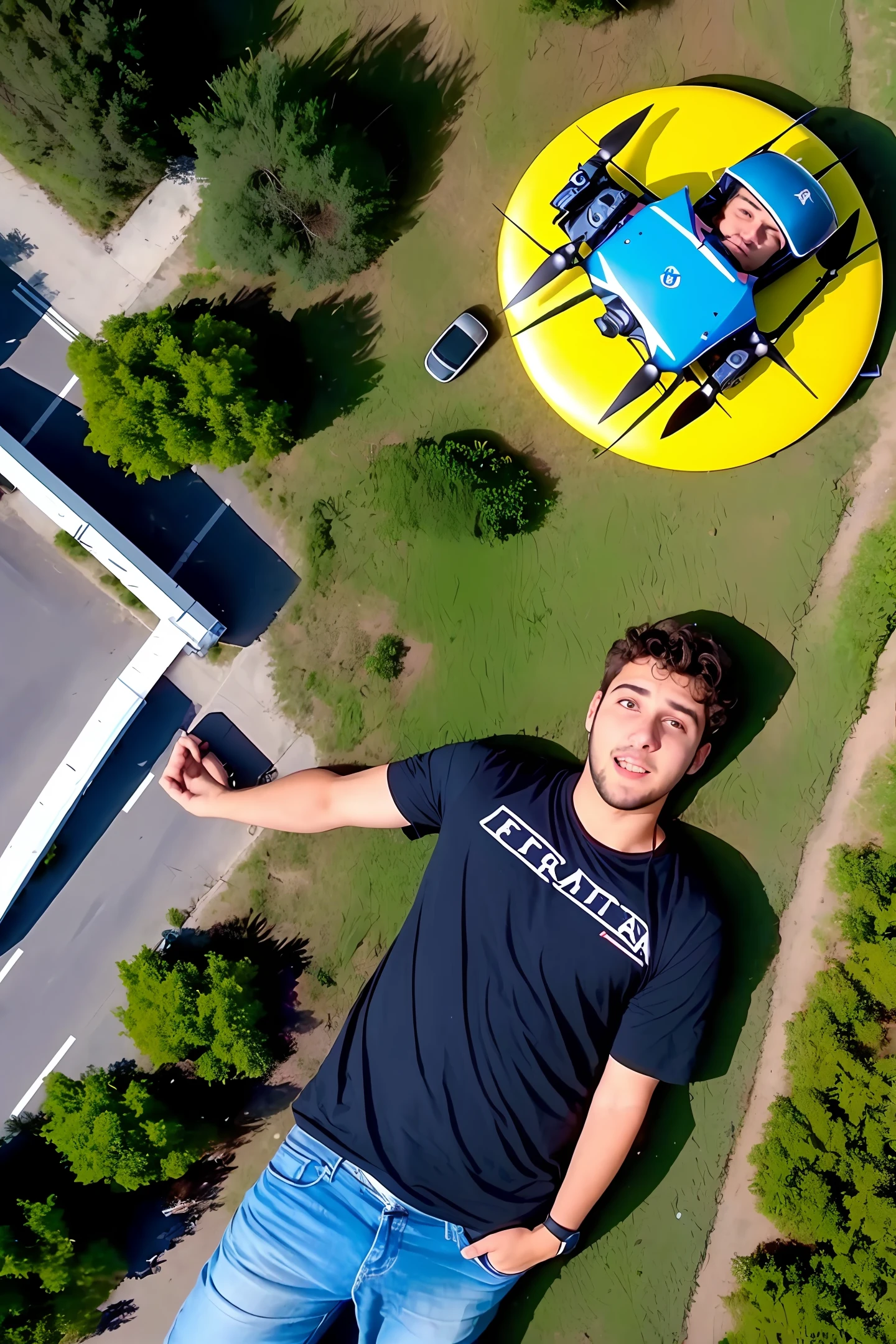 Jovem em cima de um predio de noites com um drone na frente dele