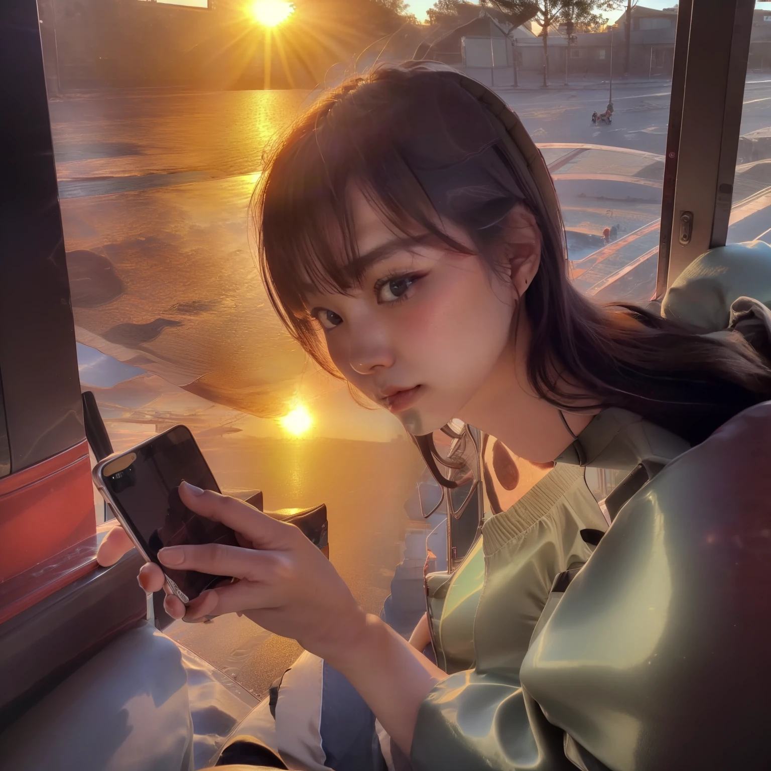 Intelligent Japan Teenage Woman、With a neat hairstyle、small tits、High-quality photos、It has a sophisticated atmosphere.、View from the window of a moving train、no-makeup、Young Japan female traveler in、I have a white Apple pencil in my hand、There is a reflected light of the sunset、of the best quality, Realstic, photorealestic, of the best quality, A masterpice, an extremely delicate and beautiful, extremly detailed, Super Detail, high resolucion, extremly detailed, Realstic, super highly detailed, of the best quality, super highly detailed, High-quality textures