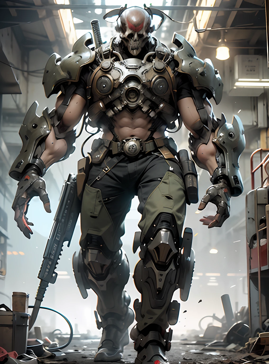cyberpunk, mecha, Biochemical people, skull, whitebackground, manga, Gears of war, metal gear solid, fullbody, cinematic lighting, Conceptual art, UHD, masterpiece, super detail