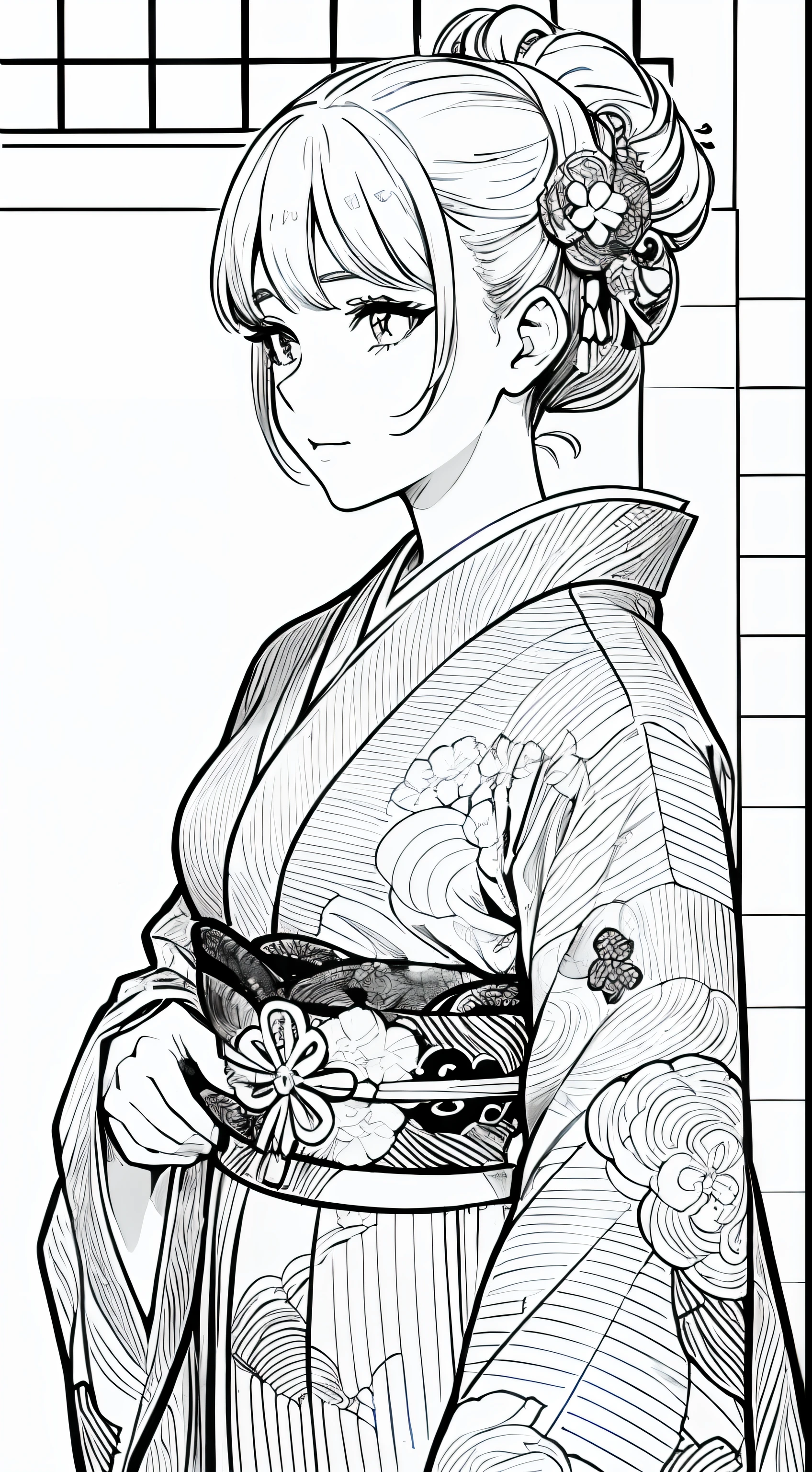 obra maestra, superlativo, mujer vestida con un kimono, Japanese landscape background line drawing, fondo blanco, Monocromo, line drawing, ((bosquejo))