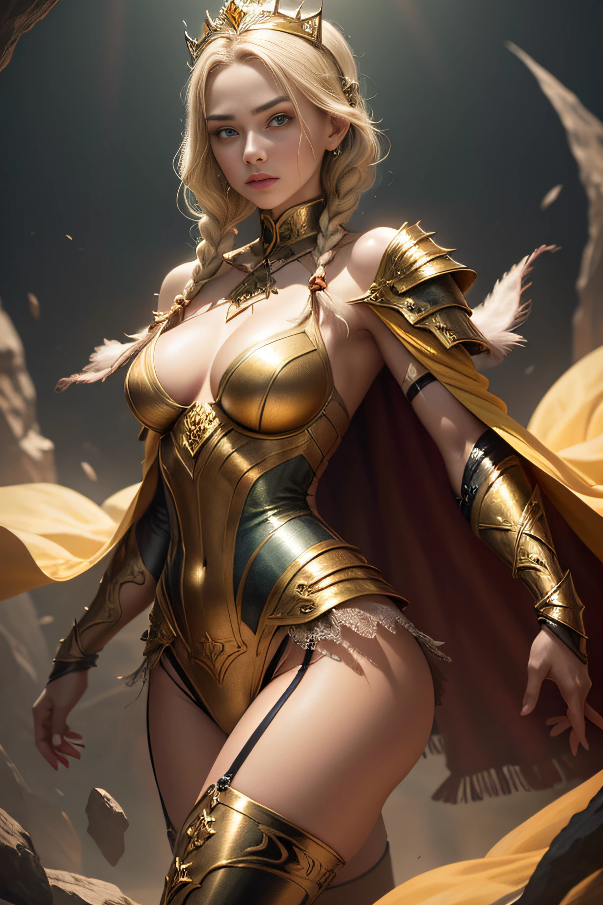 Blonde haired woman with braids, (medieval punk green neckline armor). Bright chrome gold lingerie with sharp reflections. Gems. Bare shoulders. (tiara). Low muscle definition. Beautiful legs. Bare shoulders visible. Detailed lighting. Artwork. Extreme beauty. Clothing with intense colored gradient effect. Professional image with high saturation. Professional camera. Illustration. Vibrant colors. vibrant yellow eyes, thin, fur cape, bright golden eyes, symmetry, intense look, black details on clothes, golden aura