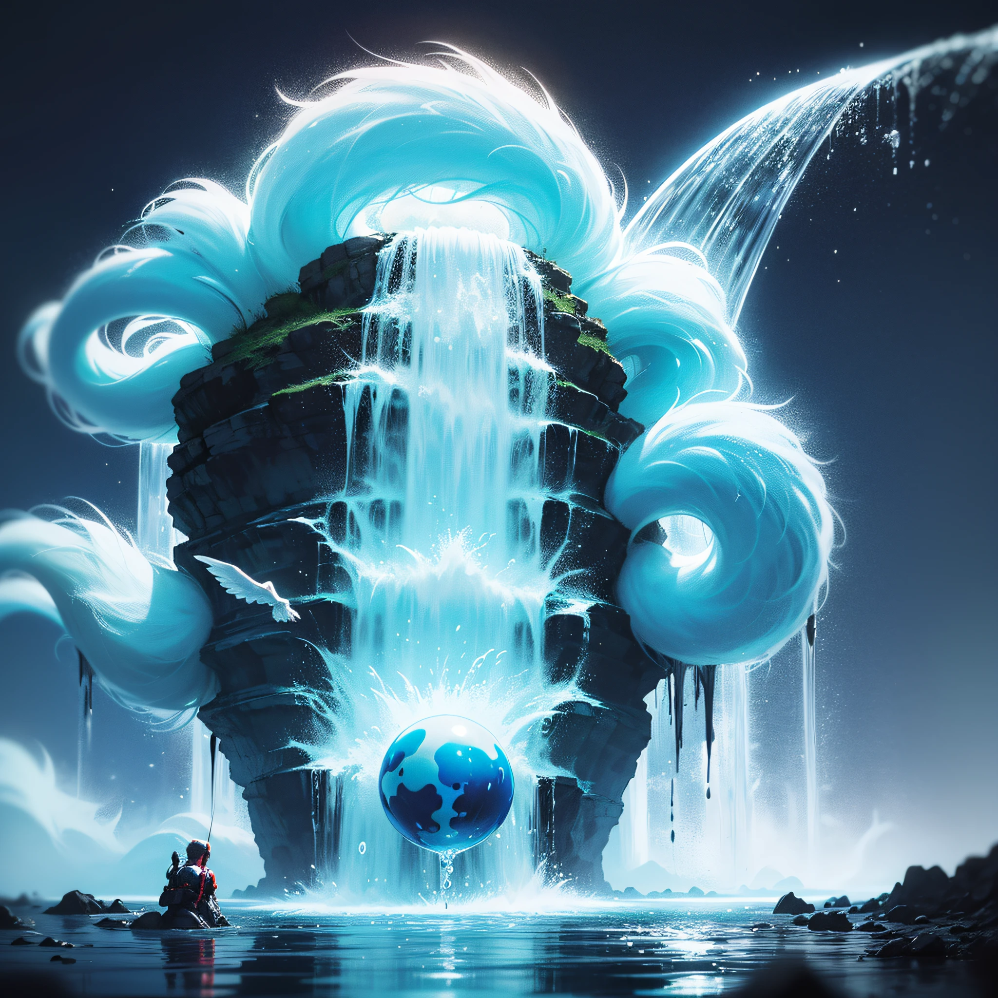 Fluffy cute ball that is a waterfall, vivid blue fluff, multi-colored eyes, waterfalls all around with crazy neon colored water, masterpiece, best quality, ((In psycadelic style))
