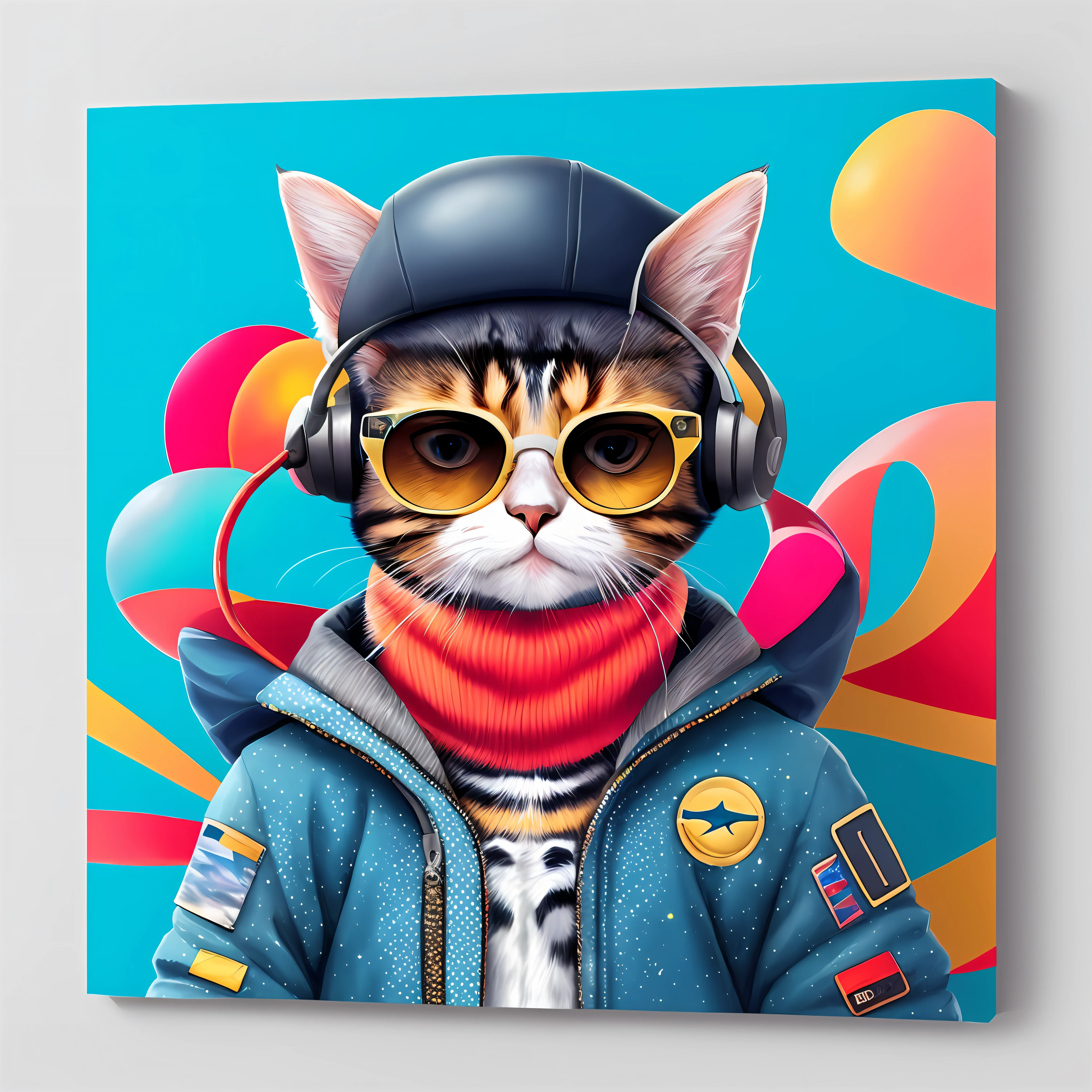 painting of a cat wearing a hat and sunglasses with a scarf, gato astronauta, gato espacial, in digital illustration style, gato cyberpunk, Beeple e Jeremias Ketner, extremely high quality artwork, estilo de arte vetorial, Gato. pintura digital, design do gato, anthropomorphic female cat, cat in space, retrato de alta qualidade, arte digital bonito, arte de alta qualidade