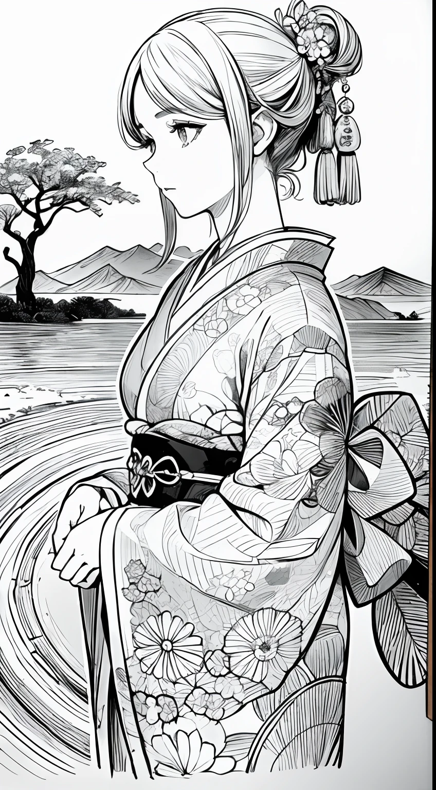 obra maestra, superlativo, mujer vestida con un kimono, Japanese landscape background line drawing, fondo blanco, Monocromo, line drawing,
