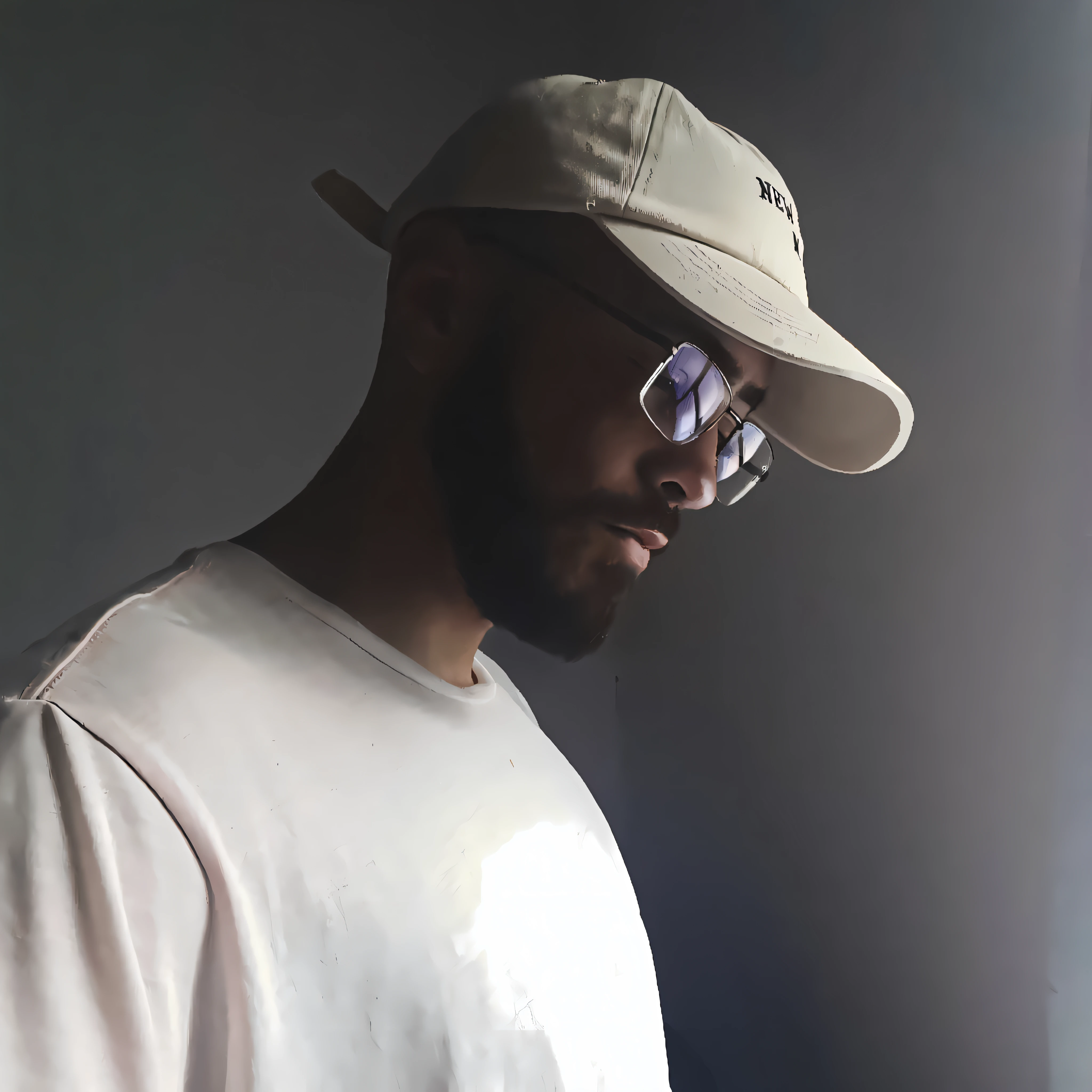 there is a man wearing a hat and glasses looking at a cell phone, high quality portrait, portrait shot 8 k, lit from the side, wearing sunglasses and a cap, shot on canon eos r5, shot on canon eos r 5, soft portrait shot 8 k, detailed portrait shot, mid shot portrait, low quality photograph, shot on 1 5 0 mm