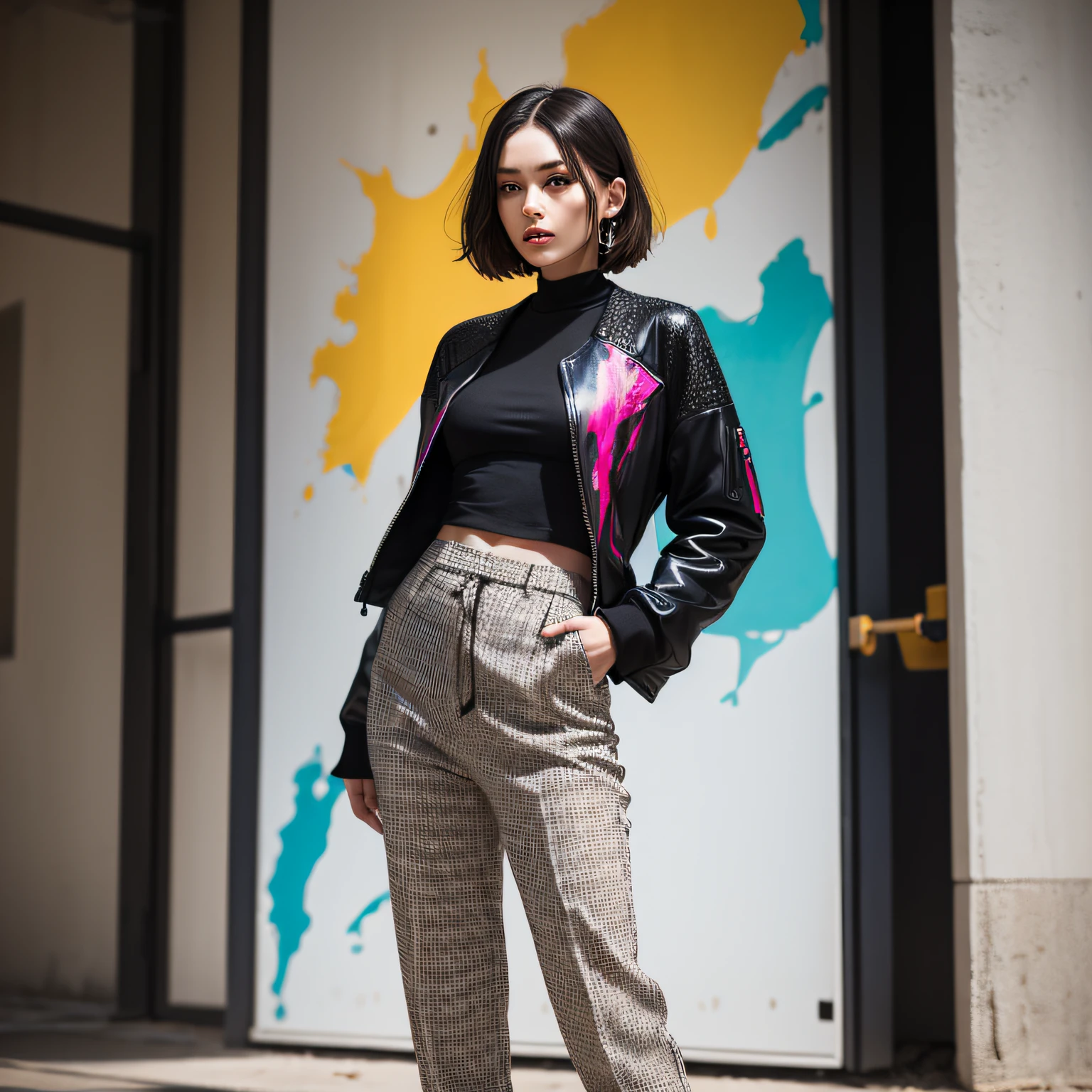 A fashion photoshoot showcasing a model in a colorful, textured ensemble influenced by the bold, gestural brushstrokes of Willem de Kooning's Abstract Expressionist art --auto
