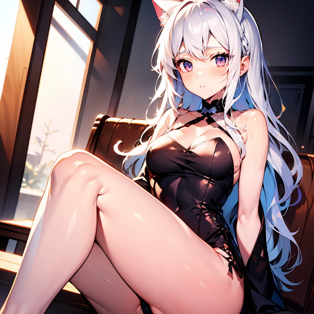 Anime girl with white hair and cat ears, ruby eyes, shy, blush, medium breast, bare legs, high contrast, soft light, master piece, extraordinary nice