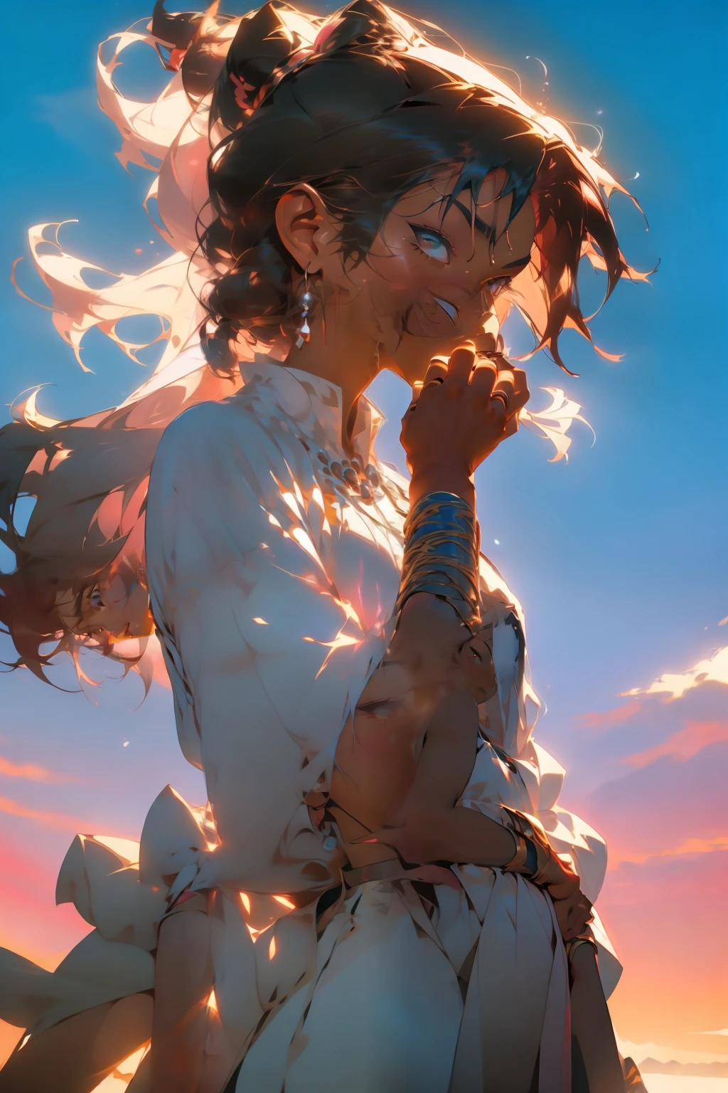 (((Simon Bisley))), (((Frank Frazetta))), (((entardecer))), (((melhor qualidade))), (((obra prima))), (((anime))), (((olhar para frente)),(Imagem 2.4) mulher voluptuosa asteca de 35 anos musculosa, Pre-Columbian warrior, pinturas de guerra pelo corpo e principalmente rosto, corpo perfeito e proporcional, brown-skinned indigenous warrior wearing loose white clothes in the wind, holding a pearl in his right hand, right hand full of rings, right hand holding a white pearl, right hand near face holding a pearl, right hand near the face, long straight and messy hair, caminhando pelo deserto sozinha, cordilheiras ao fundo, muito calor, entardecer rosa, heaven pink, por do sol no deserto, She's sweaty and her black skin glows under the glow, scorching sunset
