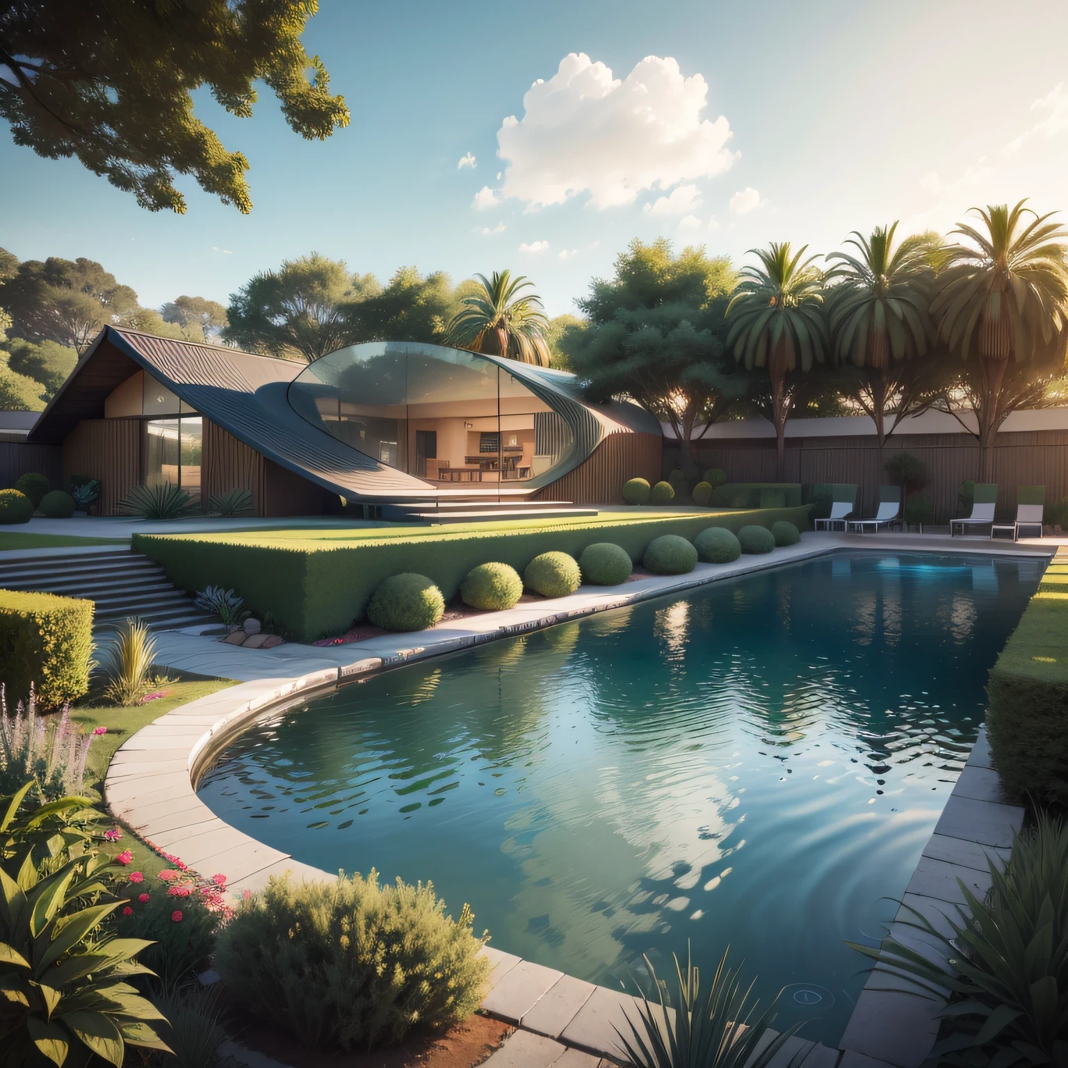 Organic modern architecture on a fairly large plot, de , Large complex of paddle fields there is a swimming pool in the middle of a large house of a flower, cor da casa em vigas marrom chocolate e preto, large modern residence, telhados planos e jardim, render luxcore, renderizar oktane, a photorealistic rendering, architectural render, mantra rendering, architectural render, lifelike rendering, architectural visualisation, piscina de bem-estar, architectural visualisation,  Large green areas, com pequenas zonas de flores de lavanda, arbustos verdes tipo exuberante jardim verde, as well as small water mirrors, swimming pool embedded in an area of sand, oliveiras e pinheiros ao redor da casa, quadra de padel ao lado da casa