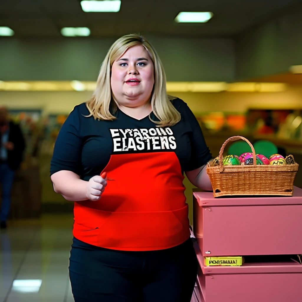 (estilo 35mmstyle:1) estilo de arte, headshot portrait movie photo still of an ugly looking fat girl working in a department store, Depth of field There is a woman sitting on a couch with a basket of food, a mulher segura mais brinquedos, pessoa carnuda com membros extras, segurando presente, onde um grande, olhando parcialmente para a esquerda, Grande, um grande, mulher feia, with an easter basket, very large, Senhora bonita, extremamente bizarro perturbador, it's very huge