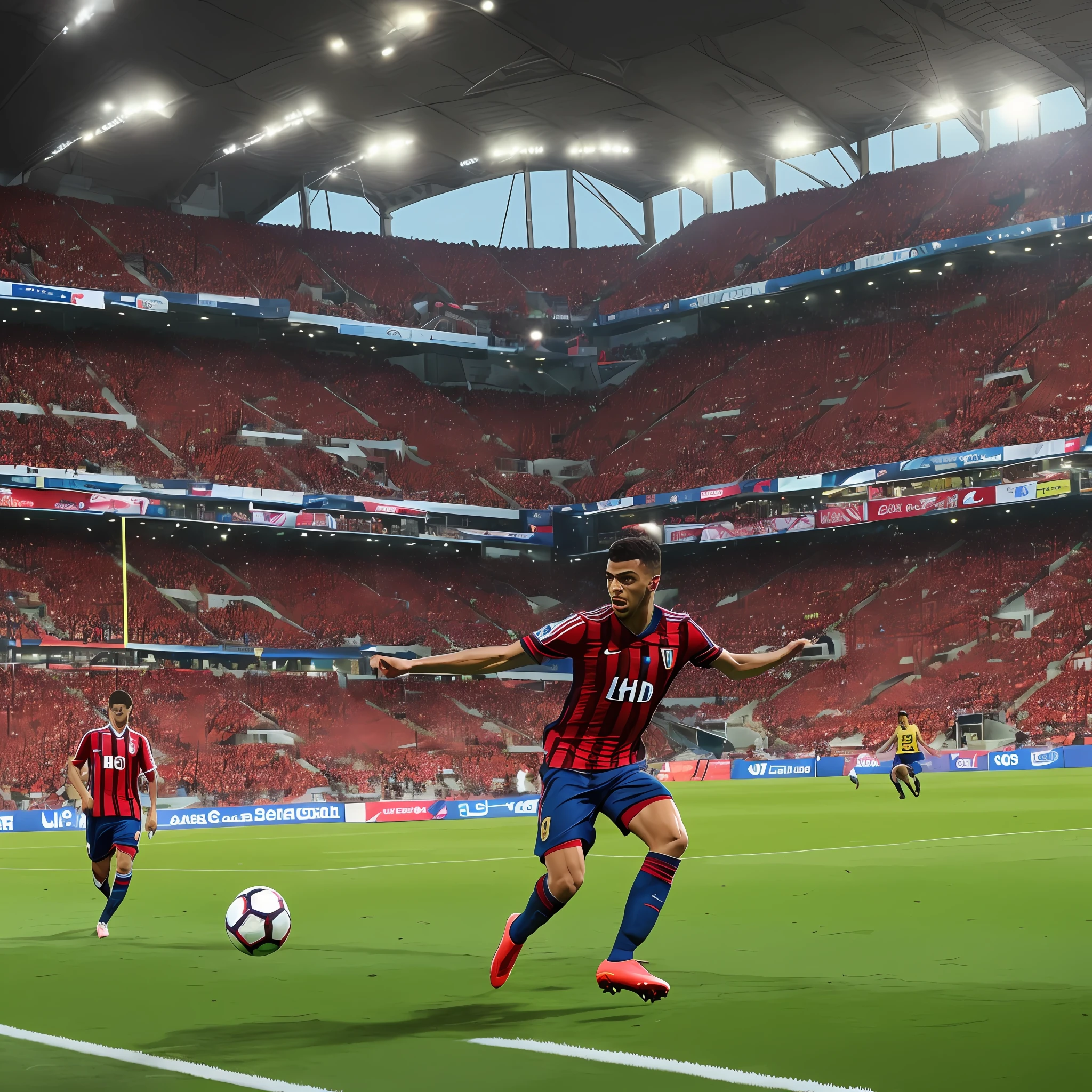 Estadio de futebol, jogador, barn, jogando bola, marcando gol (hd, ultrarealista, 8k) --auto