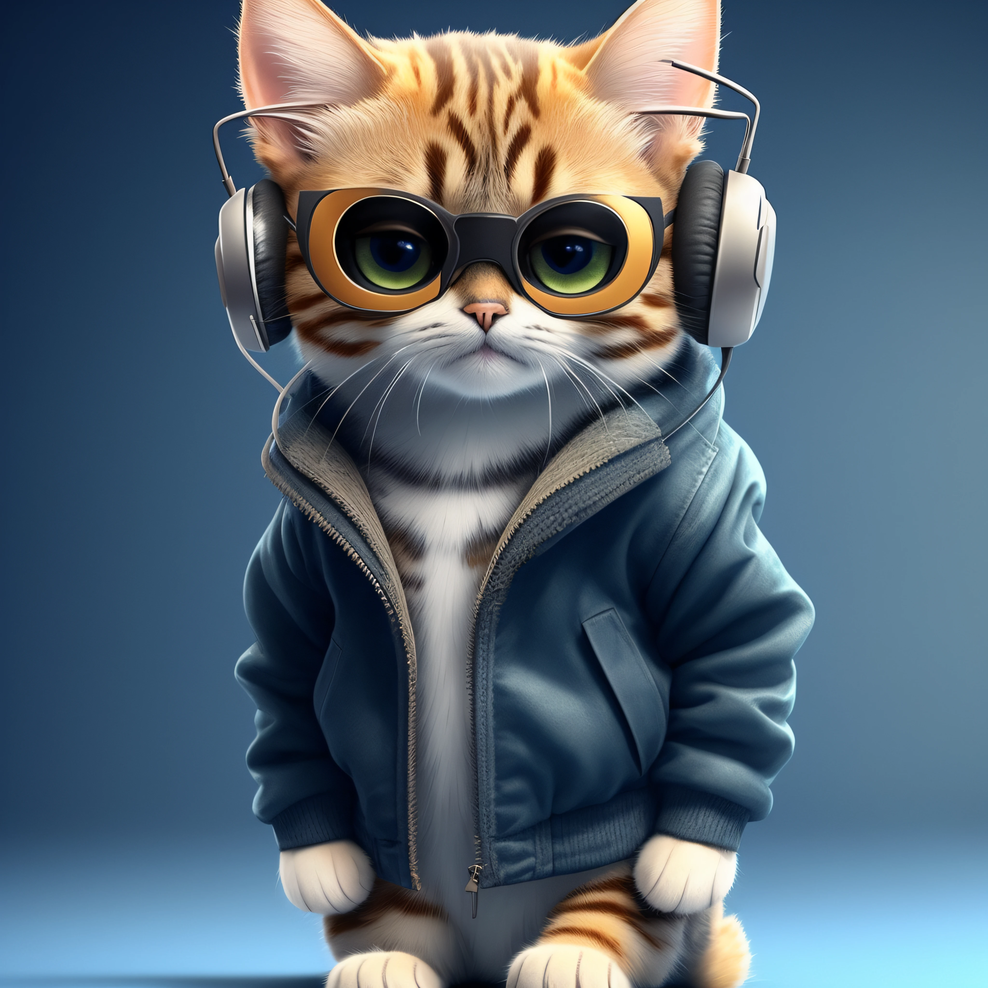 there is a cat wearing headphones and a jacket, arte digital bonito, painting digital adorable, arte digital detalhada bonito, olhando heckin legal e elegante, bonito 3 d render, gato cyberpunk, arte digital peluda, Fursona usando roupas estilosas, anthropomorphic female cat, retrato de alta qualidade, artista peludo, arte fofa, Gato. pintura digital, peludo do gato, design do gato