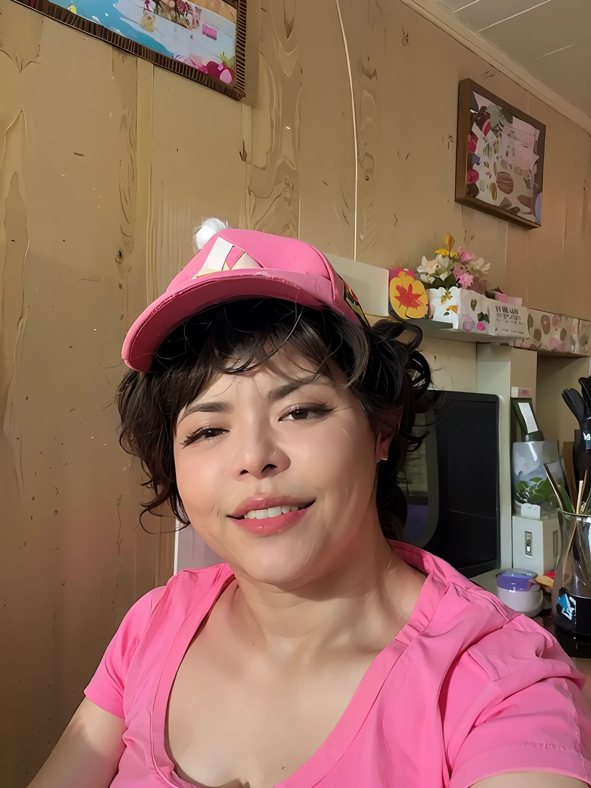 (melhor qualidade, alta resolução) mulher sorridente, de pele marrom, in Pink Shirt and Pink Hat Sitting in Front of a Television, wearing a pink head band, 3 0 anos mulher, foto de uma mulher negra, Mulher de 30 anos de Cuba, mulher negra, cabelos curto cacheado