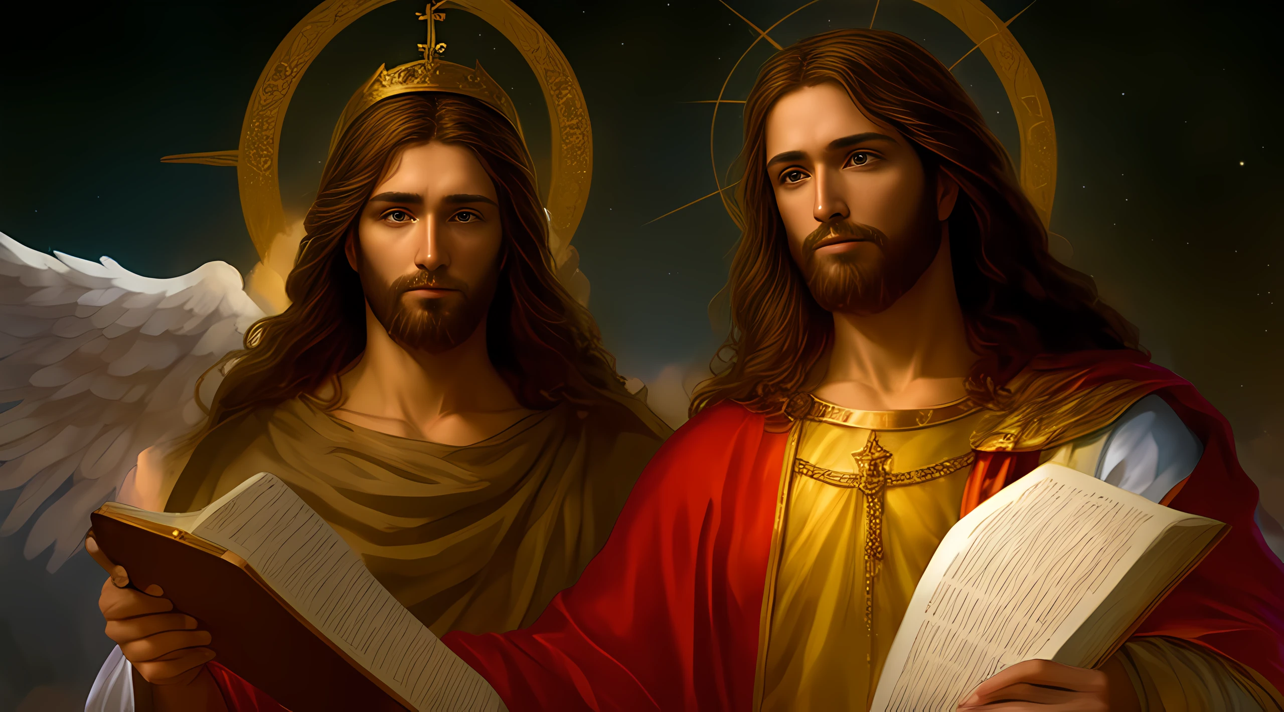 imagem de um homem com uma coroa e um livro, Retrato de um Deus Celestial, Jesus Cristo, Jovem Deus Todo-Poderoso, reino divino dos deuses, Rei dos Reis, deus divino, biblical accurate angel, Retrato de Jesus Cristo, Jesus, queen of heaven, imagens sagradas, imagens religiosas, arte conceitual de deus, bible illustration, fan art, catholic religious art