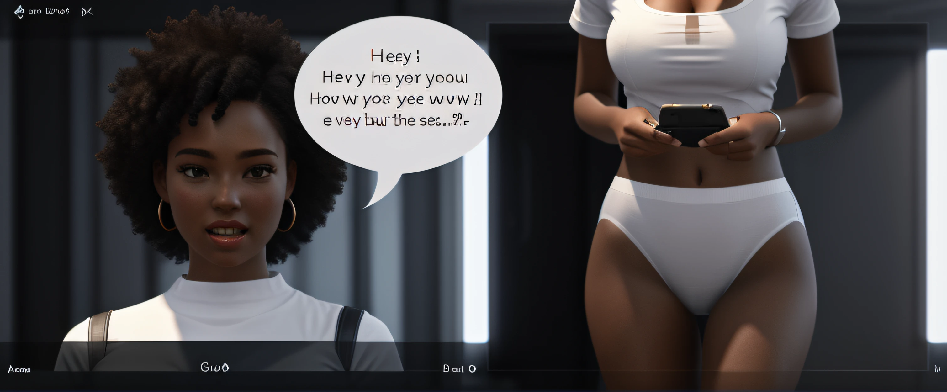 two shot panel, Curvy Black woman with Afro, lifting up white shirt to show her white high cut panties, speech bubble saying "Hey, look over here, for a second...", mouth open to talk, realistic 3D game model, intricate details