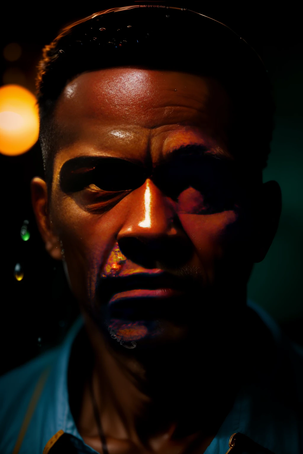 black man (sharp focus:1.2), an award winning photo of an old man peasant, water droplets, thunderstorm outside, lightning back lighting, , lines on face, wrinkles, extremely detailed skin, sadness, hopelessness ,cloudy eyes, (deep shadows:1.1), high contrast, beautiful eyes, absurdres, 8k, (high quality:1.3), , artstation hd, concept art, detailed face and body, award-winning photography, (moody lighting:1.2), depth of field, bokeh, 4K, HDR