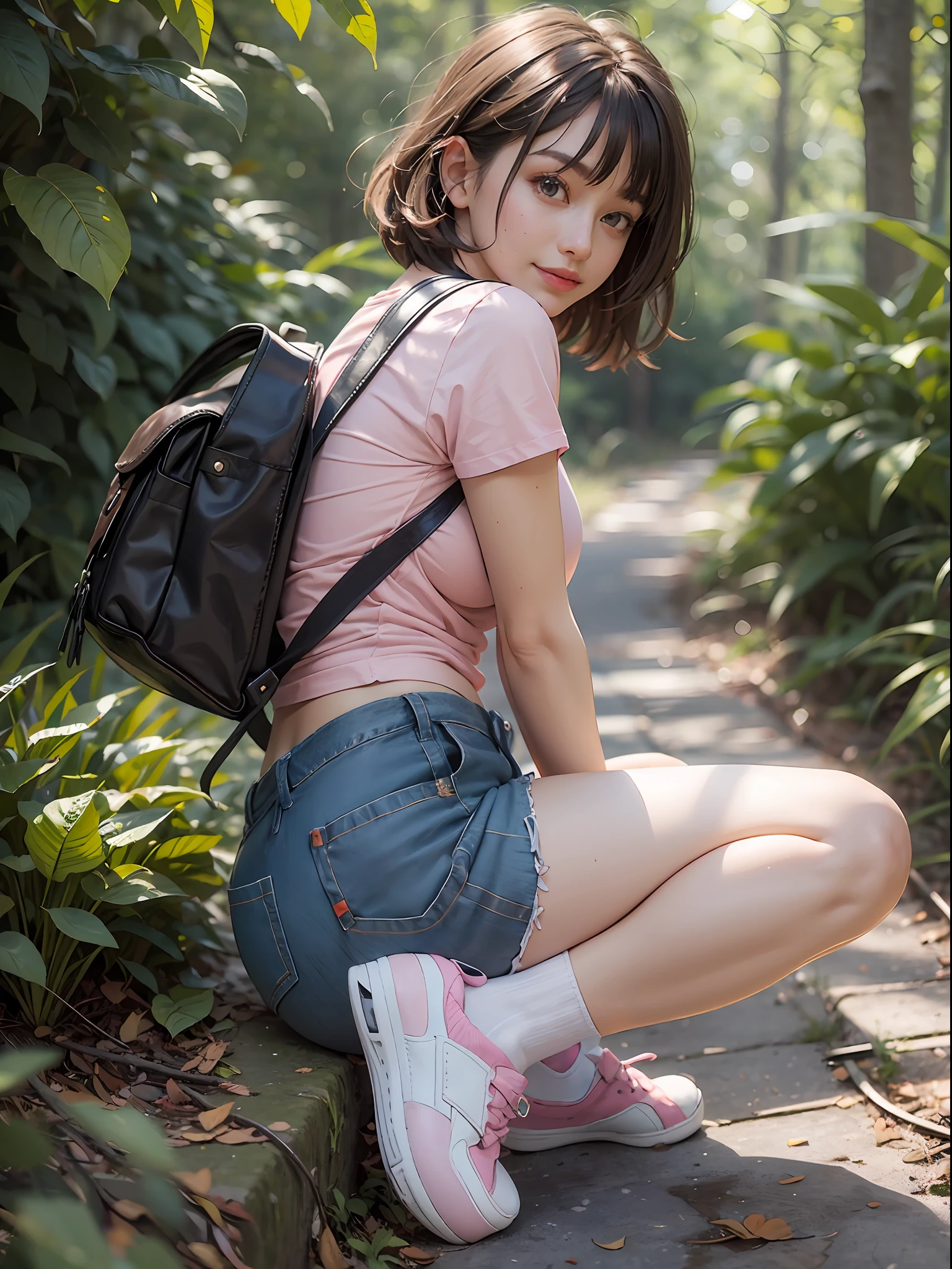 detailed eyes, (high skin detail: 1.2), (realistic lighting: 1.1), (realistic shadows: 1.1), ((best quality)), (detail), 8k uhd, Nikon 70d, ISO200, f/2.8, 1/25sec, 70mm, isabelmoner-smf, dora, purple backpack, bag, shorts, 1girl, brown-haired, shirt, looking back, pink shirt, brown eyes, short sleeves, looks at the viewer, stands, smile, socks, holds, shoes, short hair, orange shorts, whole body, back, bangs, solo focus, plant, t-shirt, lips, realistic, forest,