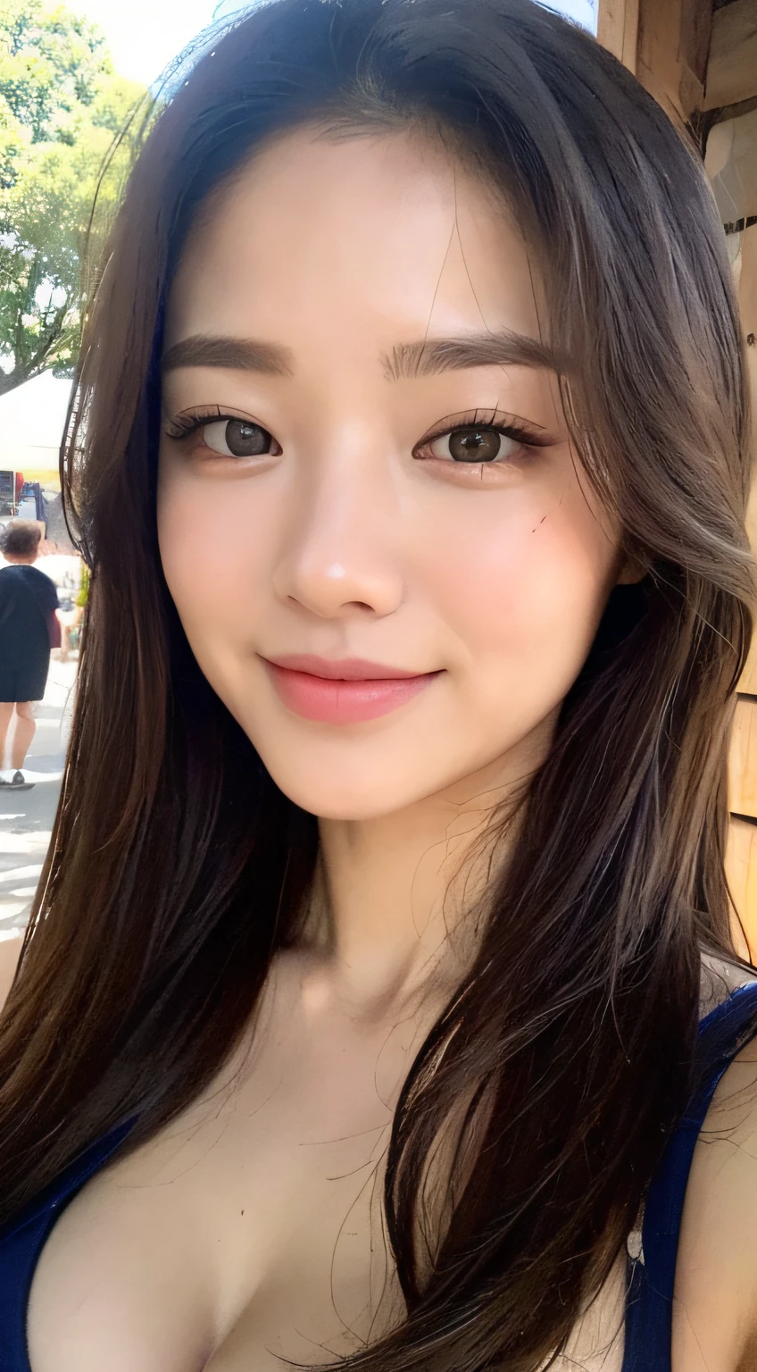 ((of the best quality、8K、A masterpice:1.3))、Shot at a shrine、torii gate、1girls、beautfull Japanease woman:1.3、(Long hairstyles、titty:1.2)、blue yukata:1.2、Whole human body、Beautiful Woman with Perfect Style:1.4、Perfect eyes、Even-eyed、Perfect iris、Perfect lips、natural smile、flawless skin、No moles、Super Detail Face、Delicate eys、双眼皮、Soft breasts、smile on face、Exposed cleavage、