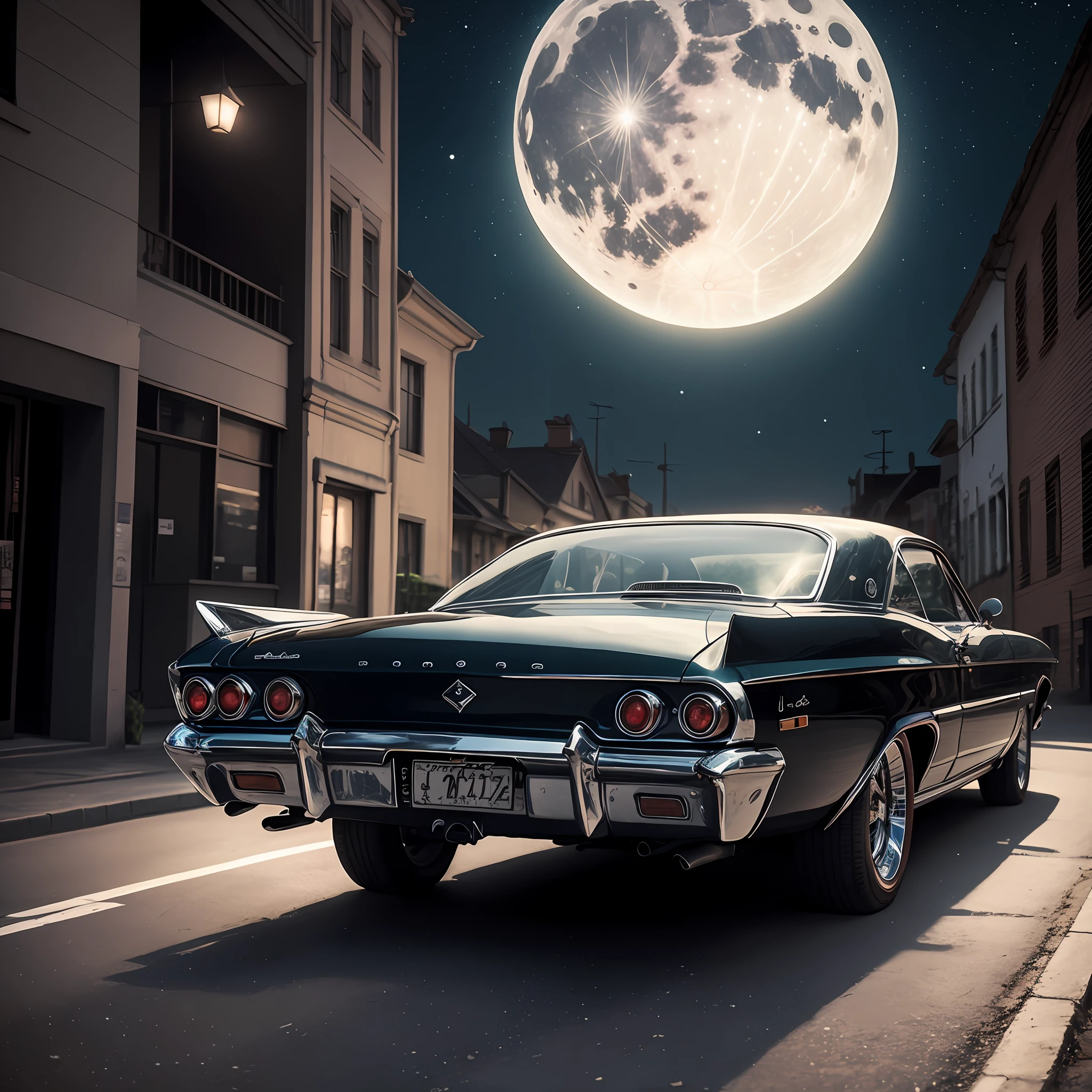 Carro Arafed estacionado na beira da estrada com uma lua cheia ao fundo, fotografia automotiva, Paisagem da lua da rua, em frente a uma lua cheia, Altamente detalhado Hyper Real Retro, Car photography, lua cheia, Street without buildings on the moon, sob uma lua cheia, vehicle photography, fotografia automotiva, classic car, Directed by: Thomas Häfner