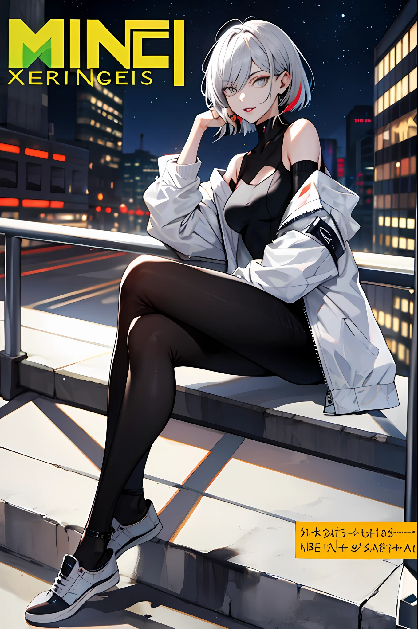 (magazine cover:1.3), (original: 1.2), masterpiece, best quality, beautiful clean face, (full body:1.1), lucy \(cyberpunk\), 1girl, against railing, arm rest, bangs, bare shoulders, belt, black belt, black leotard, black pants, blurry, bob cut, breasts, building, cityscape, clothing cutout, cropped jacket, cyberpunk, depth of field, from side, gradient eyes, grey eyes, grey hair, jacket, leotard, lips, long sleeves, mechanical parts, medium breasts, multicolored eyes, multicolored hair, night, night sky, off shoulder, open clothes, open jacket, outdoors, pants, parted lips, railing, red eyeliner, science fiction, short hair with long locks, short shorts, shorts, sidelocks, sky, solo, standing, thigh cutout, white jacket, white shorts,