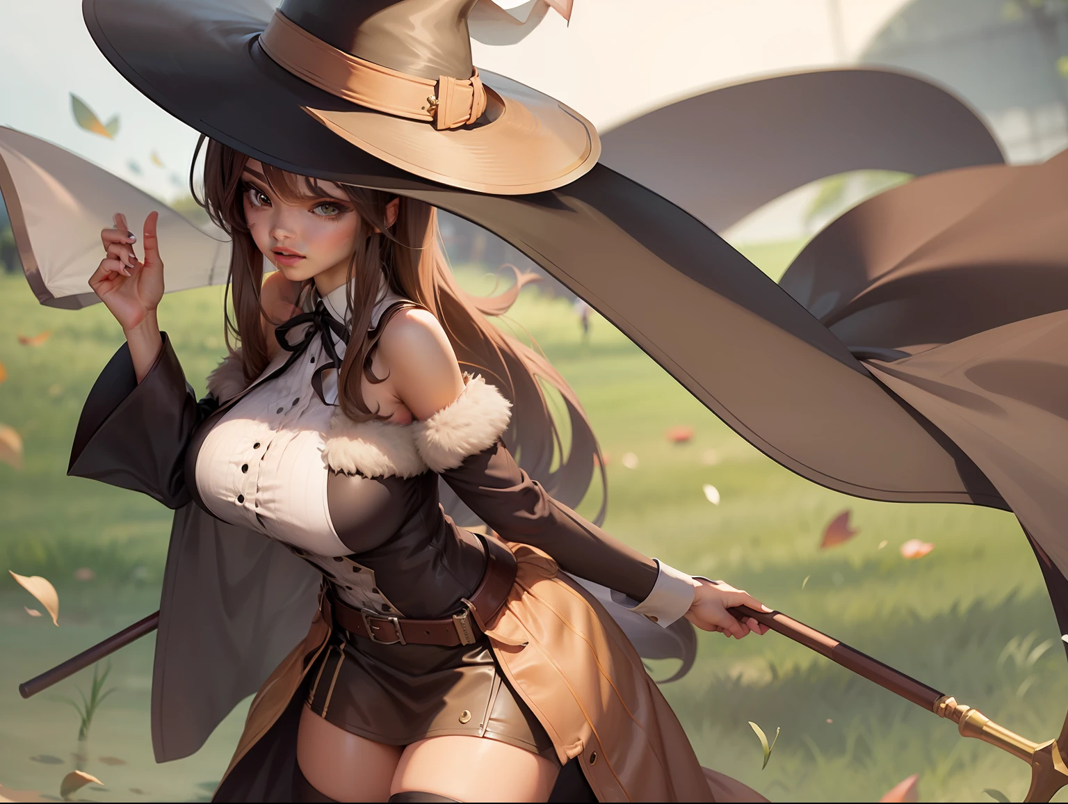 ultra detailed shot of a young woman, (Hailee Steinfeld) dressed as zatanna zatara, she wears a top hat fishnet stockings very short leather pants white shirt and a tailcoat jacket, magical, art by mschiffer, ethereal, Zatanna from DC comics, she's making some magic, magical lights, 32k resolution, best quality, dynamic pose, action pose