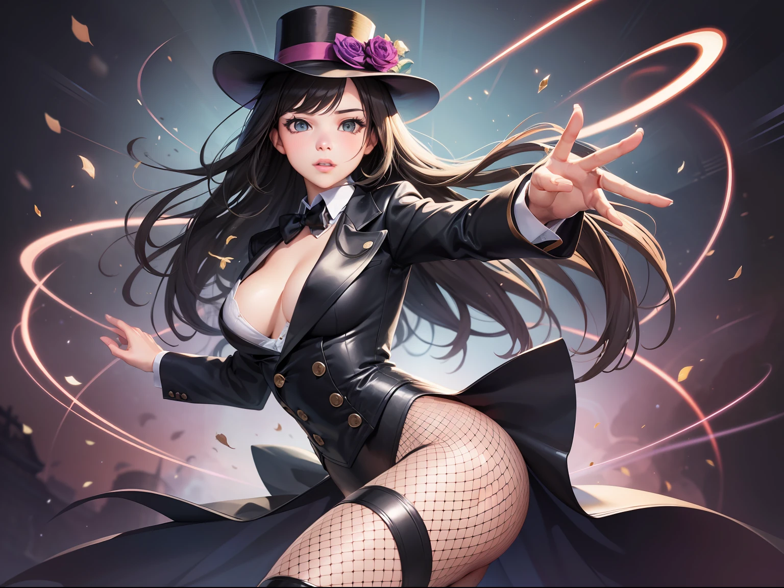 ultra detailed shot of a young woman, (Hailee Steinfeld) dressed as zatanna zatara, she wears a top hat fishnet stockings very short leather pants white shirt and a tailcoat jacket, magical, art by mschiffer, ethereal, Zatanna from DC comics, she's making some magic, magical lights, 32k resolution, best quality, dynamic pose, action pose