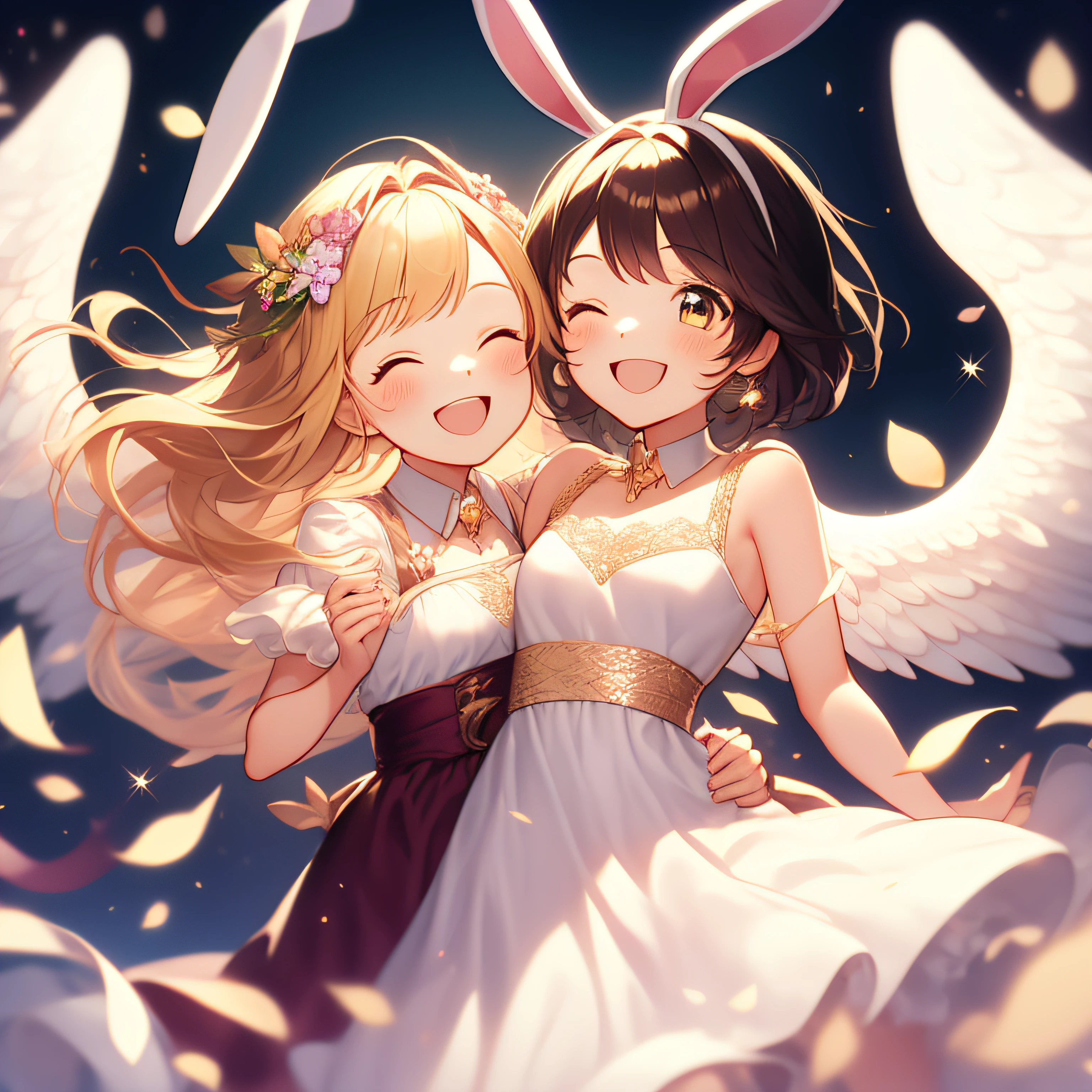 Cute Art、Shoujo manga style、an angel、Rabbit ears、Long dresses、beatiful smiling face、Cute clothes、happy、Overflowing with joy、shining light、Light of Love