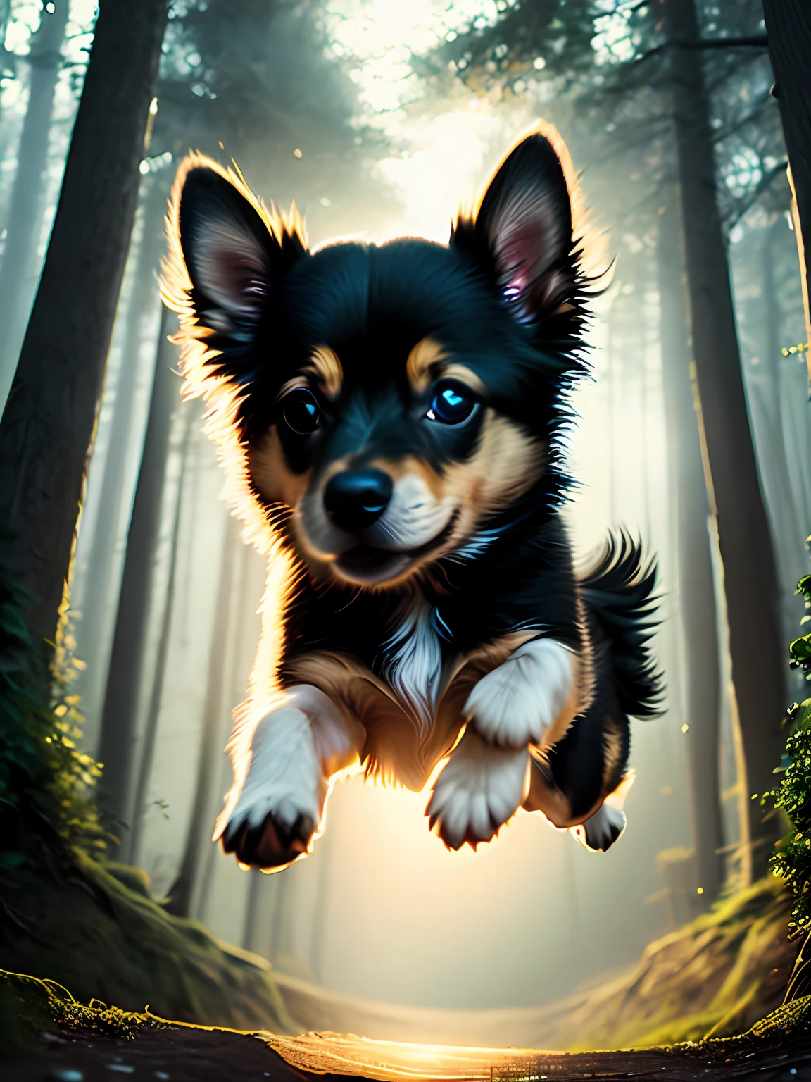 close up photo of a very cute jumping puppy in the forest, soft volumetric lights, (backlit:1.3), (cinematic:1.2), intricate details, (ArtStation:1.3), Rutkowski
