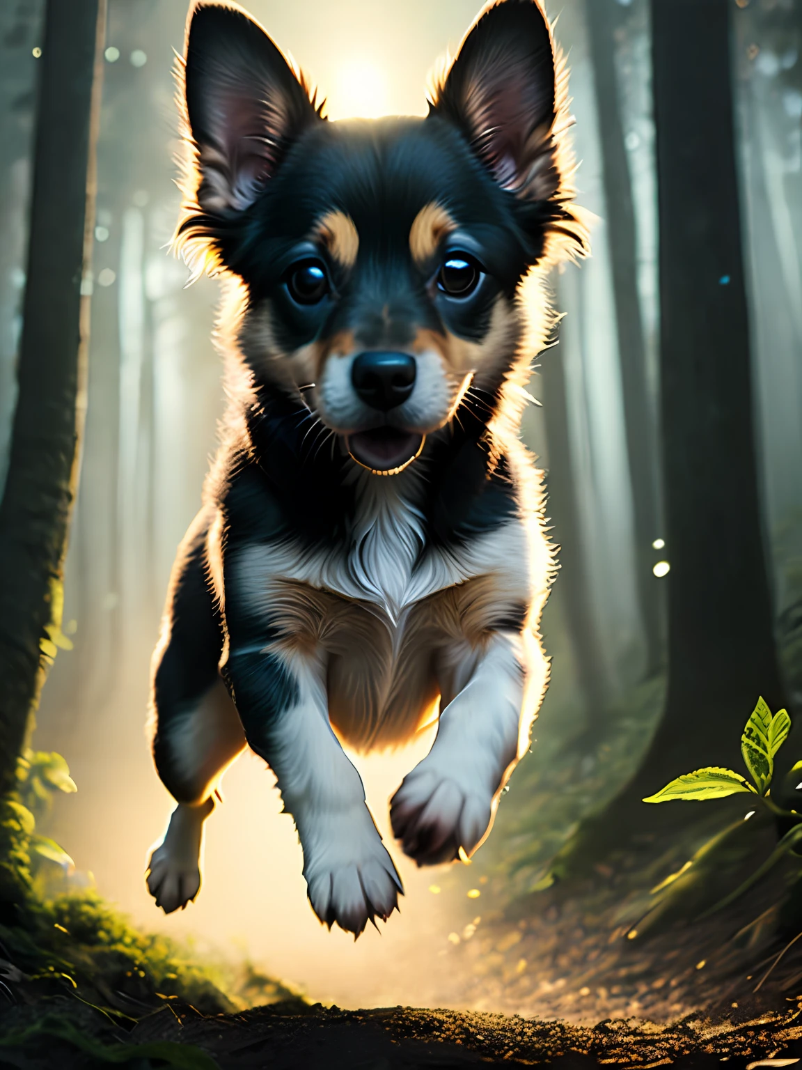 close up photo of a very cute jumping puppy in the forest, soft volumetric lights, (backlit:1.3), (cinematic:1.2), intricate details, (ArtStation:1.3), Rutkowski