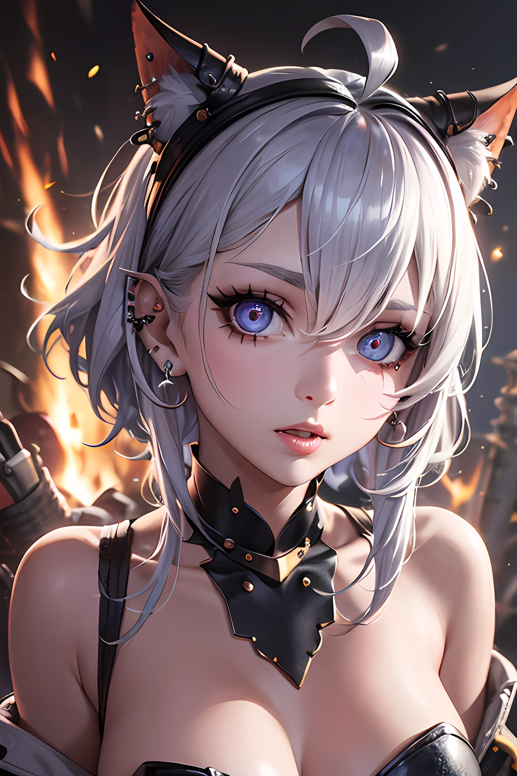 Textured skin、A masterpice、of the best quality、(Cinematic lighting)、award wining、anatomically correcte、{fire sparks}、woman kngiht、rainbow hair、Ahoge、Crazy eyes、(Glowing eyes)、mismatched sclera、oral invitation、Tons of piercings、nose piercing、pirate、seas、