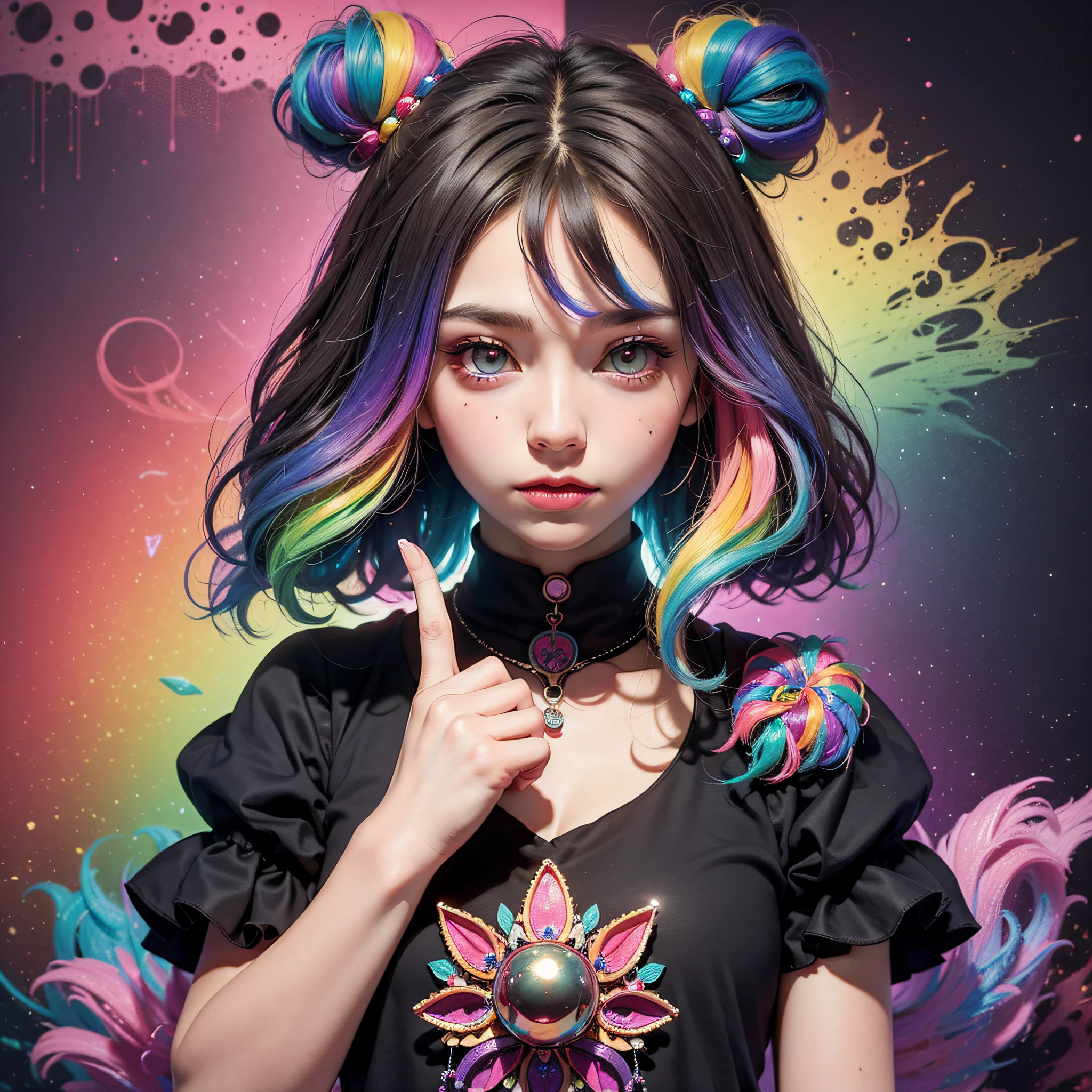 Fluffy cute ball that is candy, glowing pink eyes, rainbow colored fluff, living in a colorful cartoon world, masterpiece, best quality, ((In Psychedelic art style))