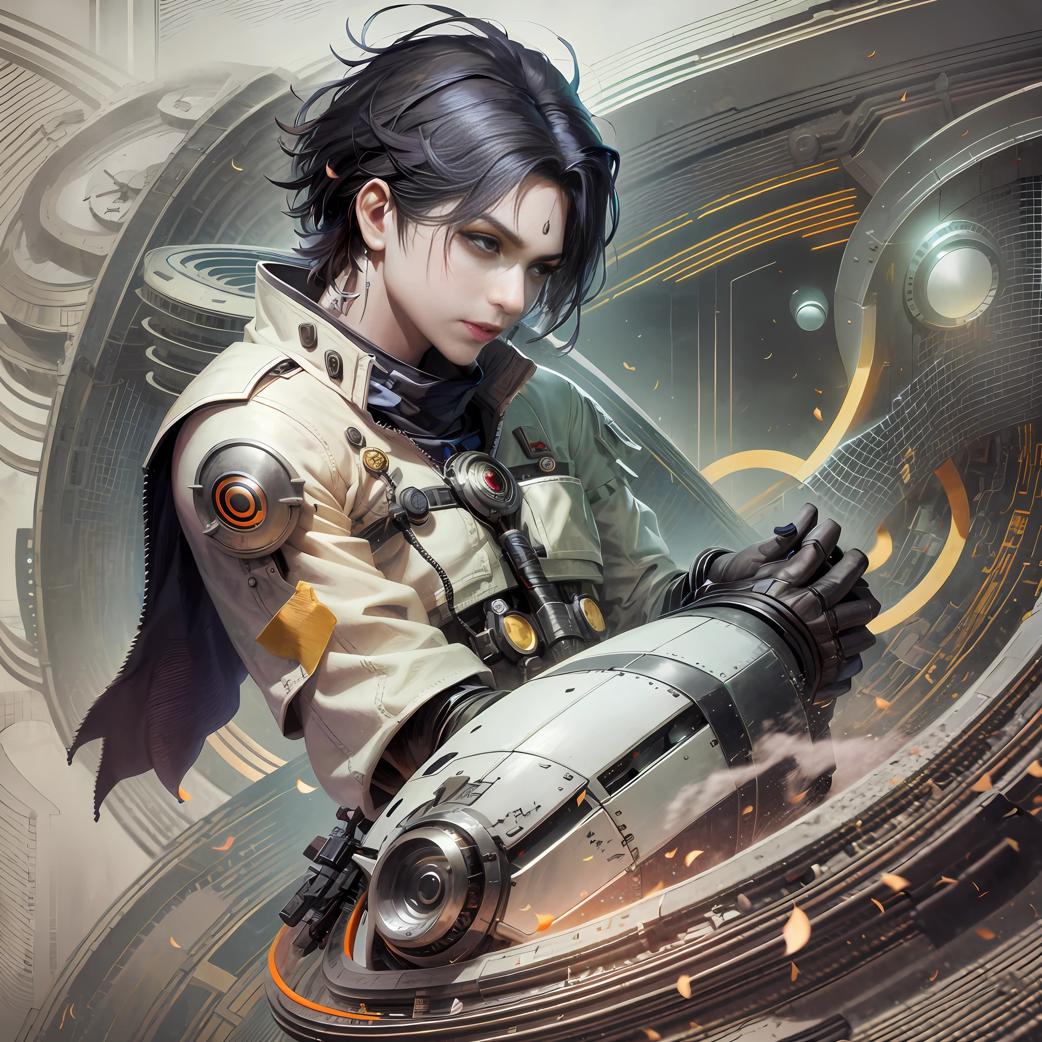 Anime character with futuristic armor, holding a futuristic object in front of a clock, ross tran 8 k, digital cyberpunk anime art, character sheet, artwork in the style of guweiz, by Yang J, ross tran and bayard wu, digital cyberpunk - anime art, G. Lulian Art Style, inspired by Raymond Han, anime cyberpunk art, Guweiz on ArtStation Pixiv