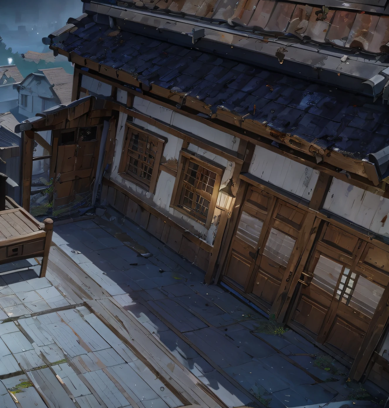 Dilapidated walls,wall， high detail render,raytraced render, dark night environment，dirty walls，Water stains，high detailes，Complicated details，house，Ancient houses，wood door，Wooden windows，tile，roof top，chests