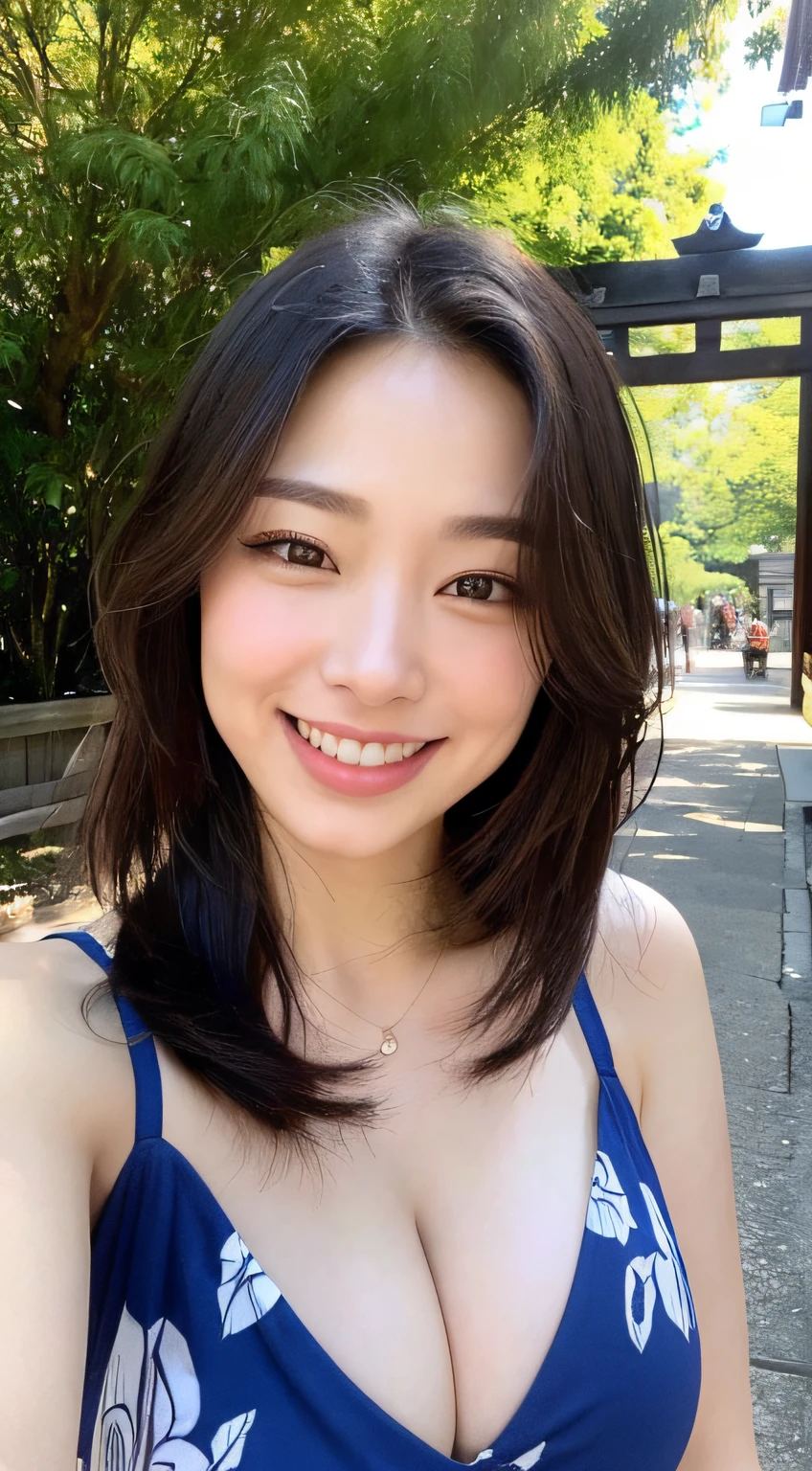 ((of the best quality、8K、A masterpice:1.3))、Shot at a shrine、beauty legs、torii gate、1girls、beautfull Japanease woman:1.3、(Long hairstyles、titty:1.2)、blue yukata:1.2、Whole human body、Beautiful Woman with Perfect Style:1.4、Perfect eyes、Even-eyed、Perfect iris、Perfect lips、natural smile、flawless skin、No moles、Super Detail Face、Delicate eys、双眼皮、Soft breasts、smile on face、Exposed cleavage、
