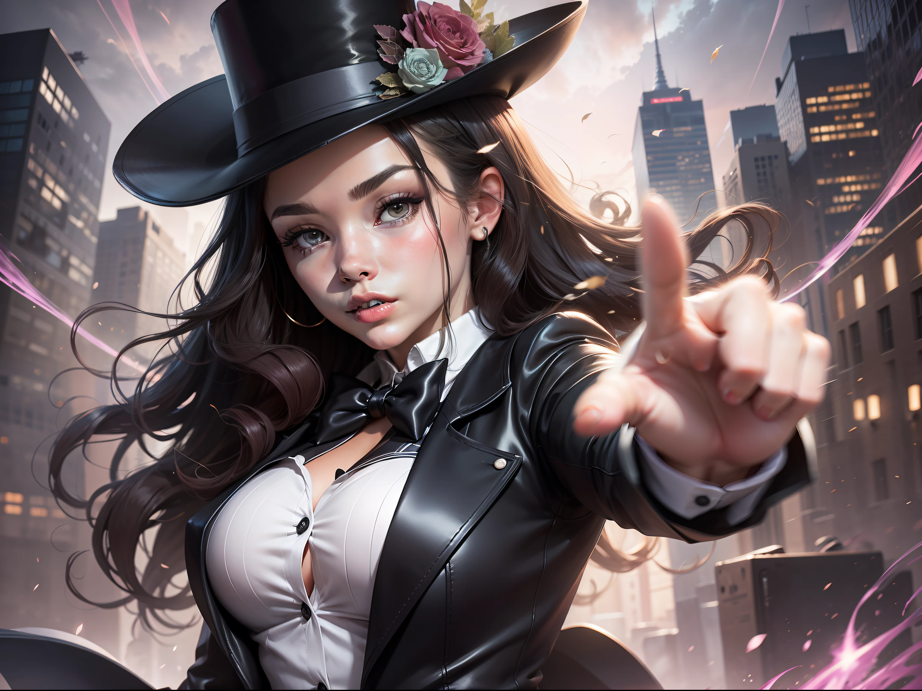 ultra detailed shot of a young woman, (Hailee Steinfeld) dressed as zatanna zatara, she wears a top hat fishnet stockings very short leather pants white shirt and a tailcoat jacket, magical, art by mschiffer, ethereal, Zatanna from DC comics, she's making some magic, magical lights, 32k resolution, best quality, dynamic pose, action pose