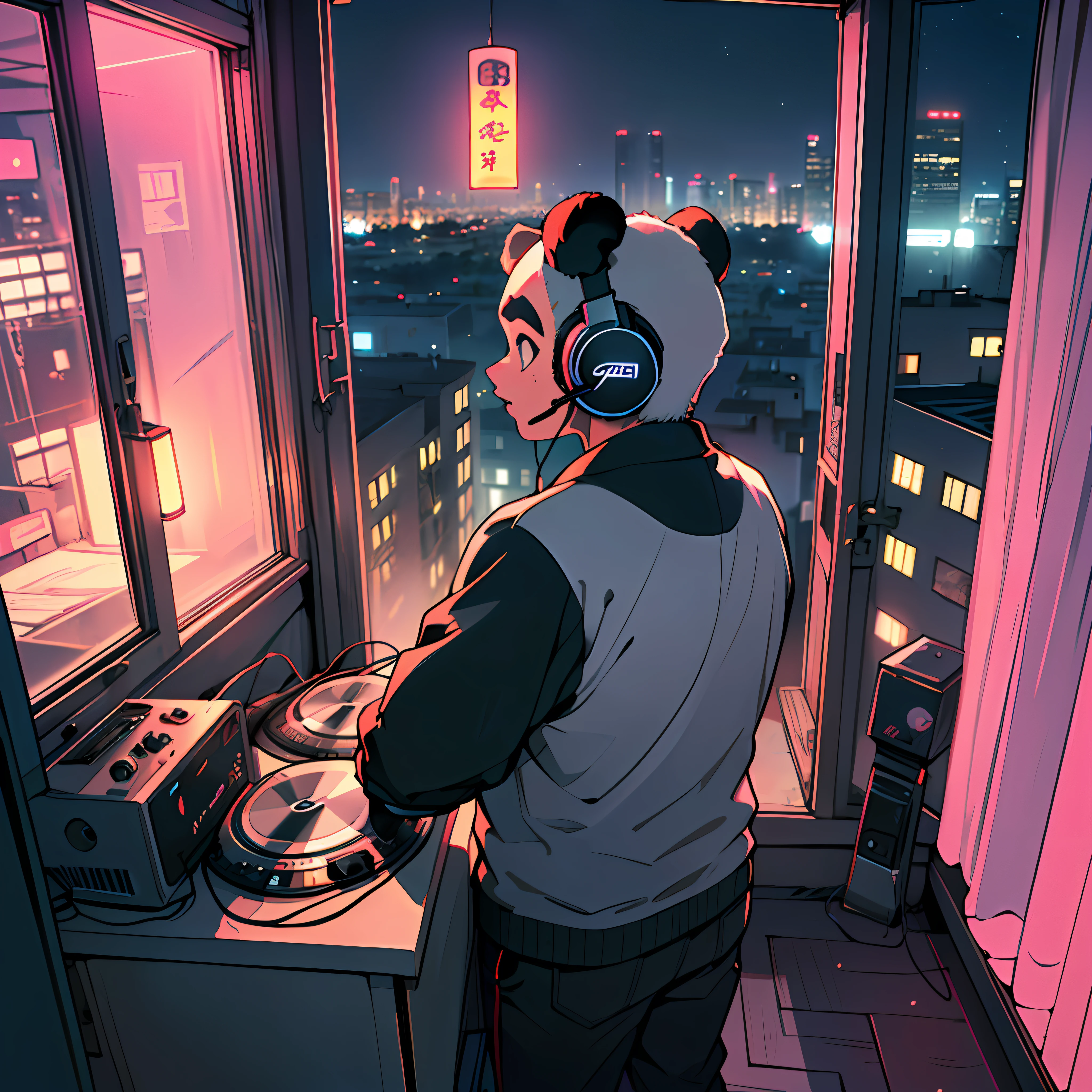 ((desorganized bedroom,back windows overlooking the city at night),(teenage panda DJ,big headphones:1.2,lofi ambient music:1.1),(vibrant colors:1.2)) --auto