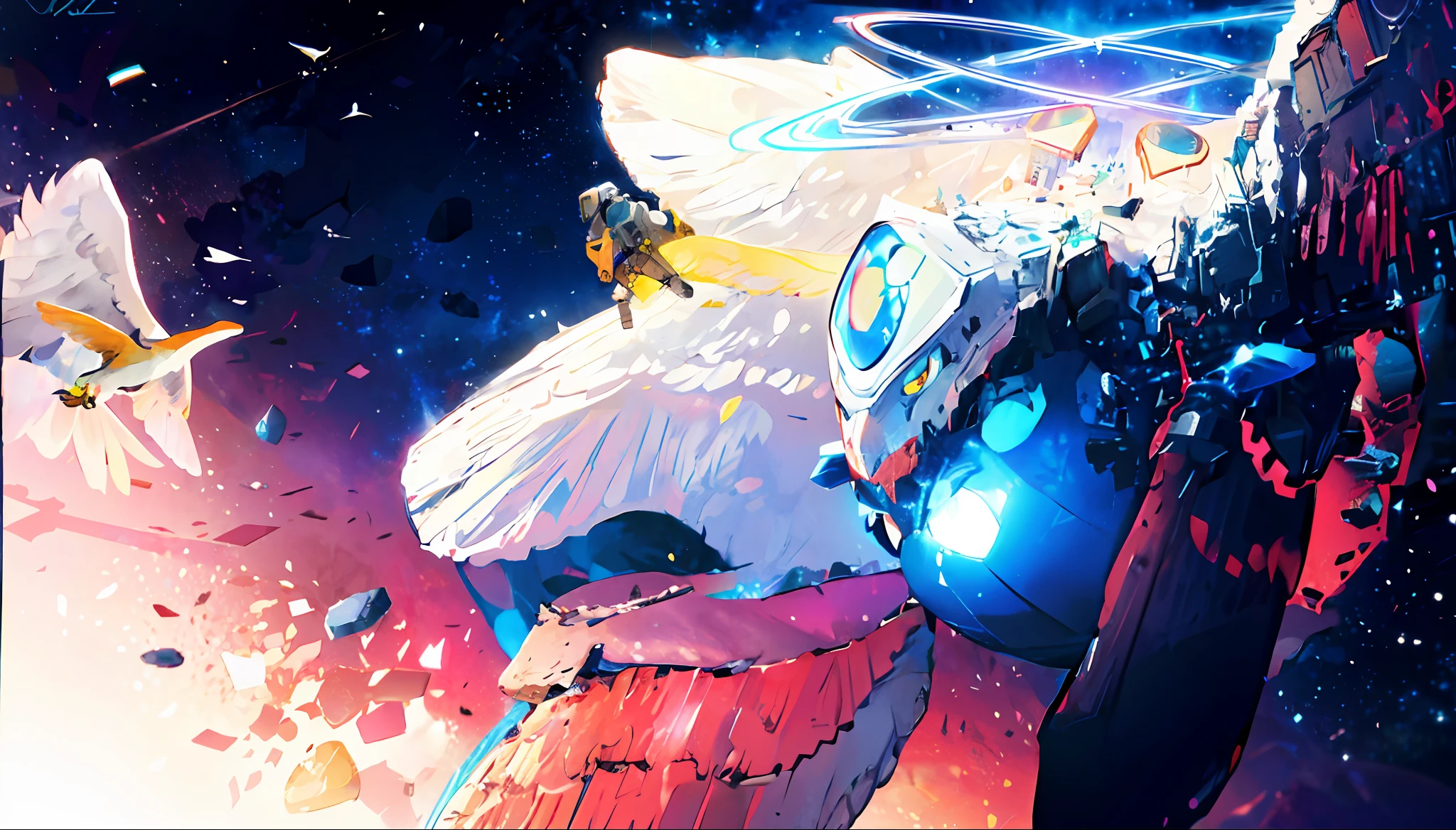 there is a white bird with a rainbow on its wings, it is flying through space, space magical whale, with a giant robot owl, fan art, cosmic horror entity with wings, Baleia espacial, Godrays pintura digital, visto de baixo, Flying through space, um polvo lutando contra um astronauta, flying in space, many terrible eyes in space, angel falling to andromeda