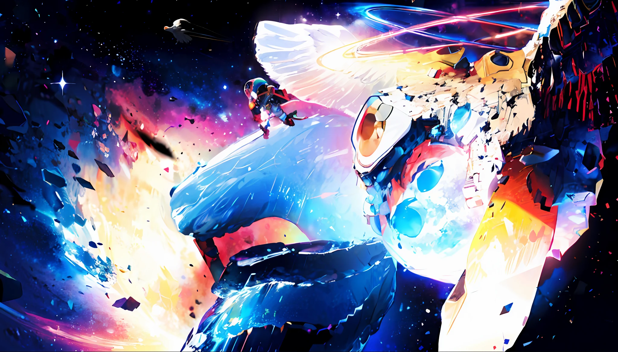 there is a white bird with a rainbow on its wings, it is flying through space, space magical whale, with a giant robot owl, fan art, cosmic horror entity with wings, Baleia espacial, Godrays pintura digital, visto de baixo, Flying through space, um polvo lutando contra um astronauta, flying in space, many terrible eyes in space, angel falling to andromeda